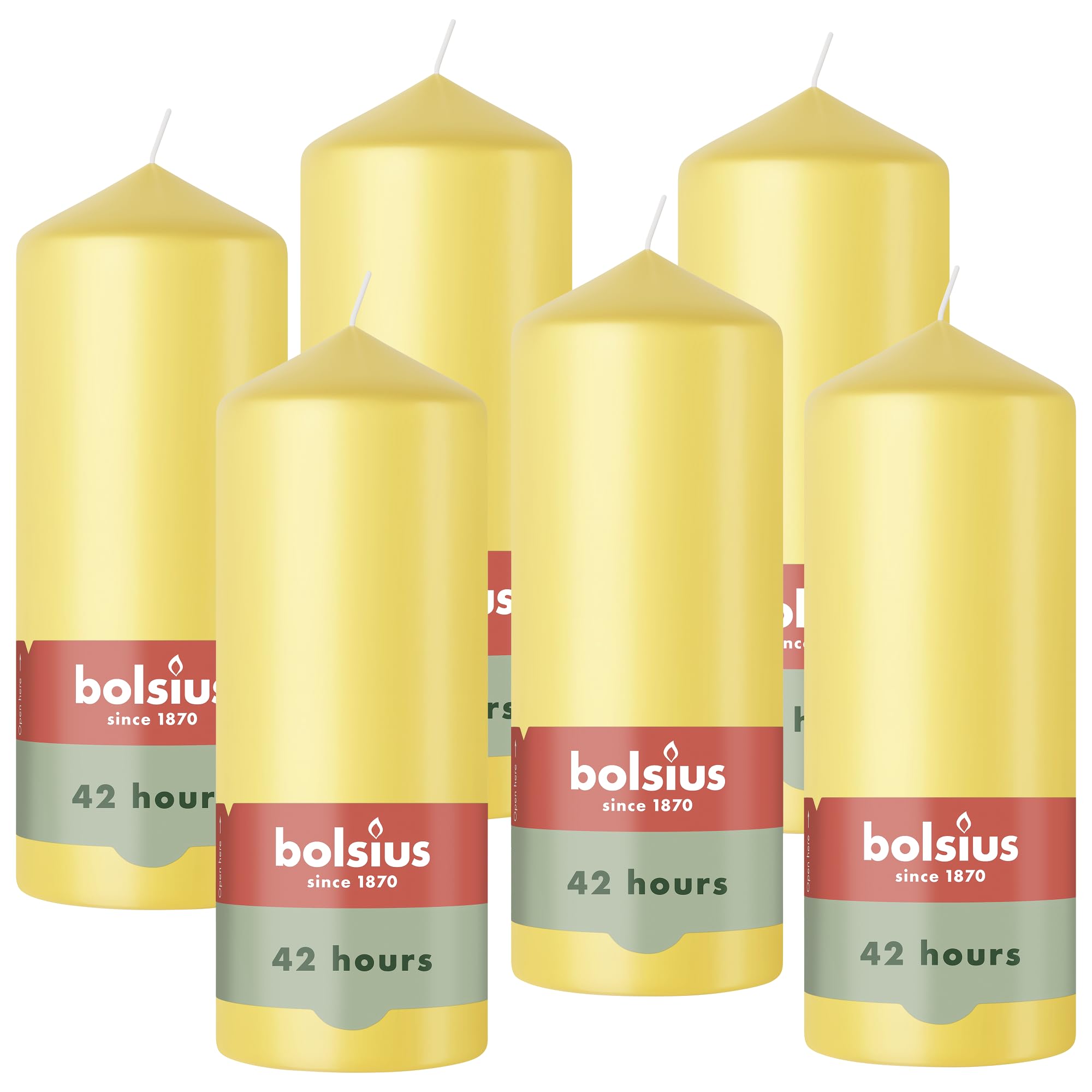 Bolsius - Pillar Candle - Yellow - 15cm - 6 Pieces - Burning time 42 Hours - Natural Vegetable Wax - Palm Oil Free.