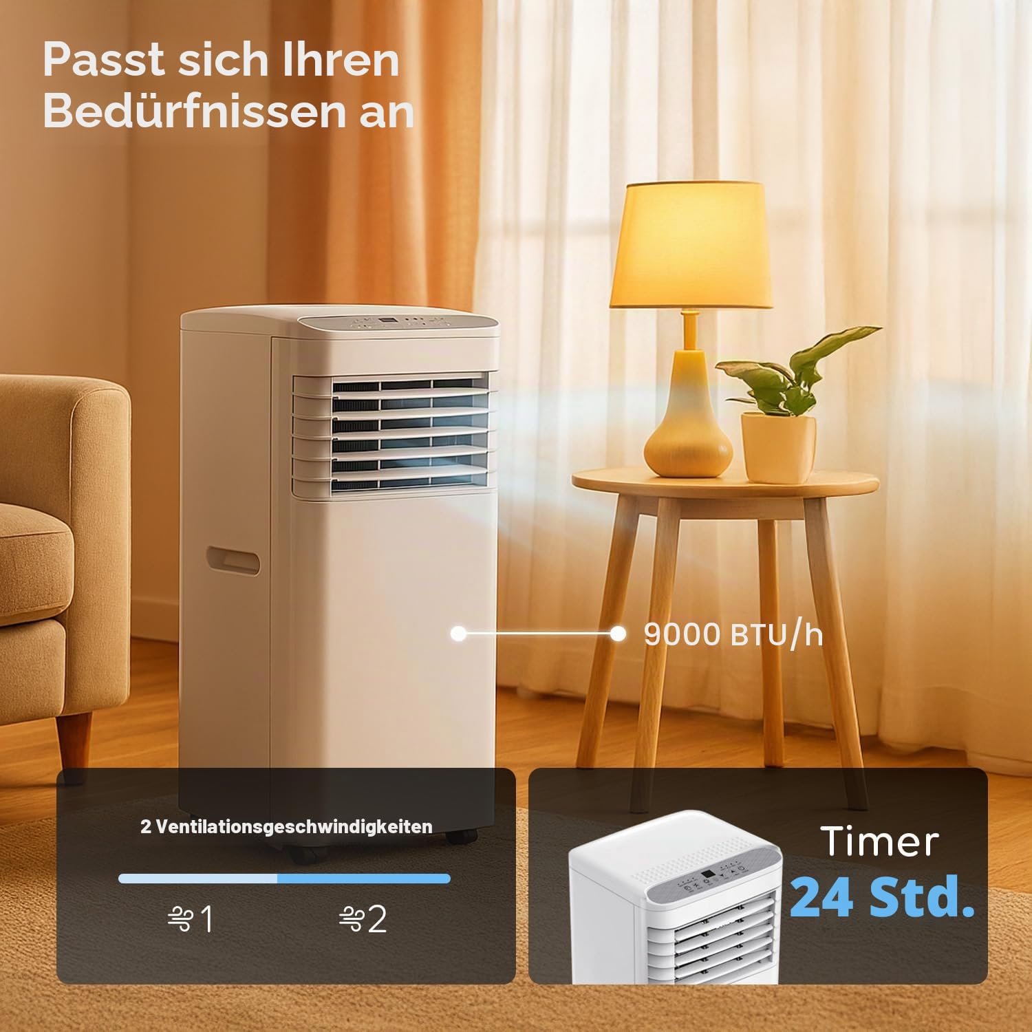 Avilia Mobiles Klimagerät 9000 BTU 3 in 1 – Luftentfeuchter, Kühler und Ventilator | Klimagerät ohne Außeneinheit für Zuhause und Büro