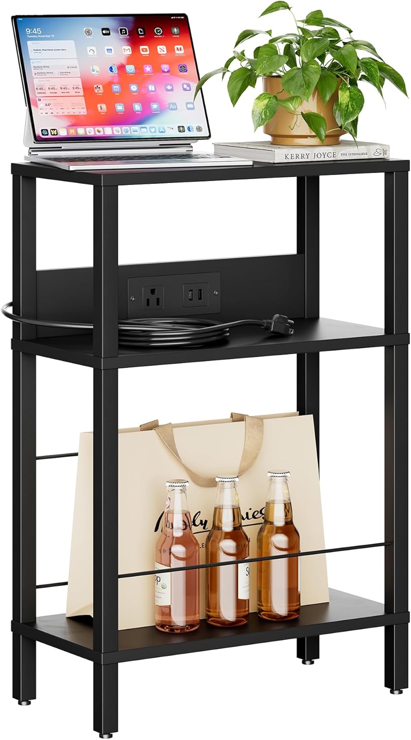 Narrow Side Table (Rustic Brown) - Nightstand with Charging Station (2 USB + 1 AC Outlet) & Drawer, Mute Wheels for Balcony/Kid’s Room/Bedroom