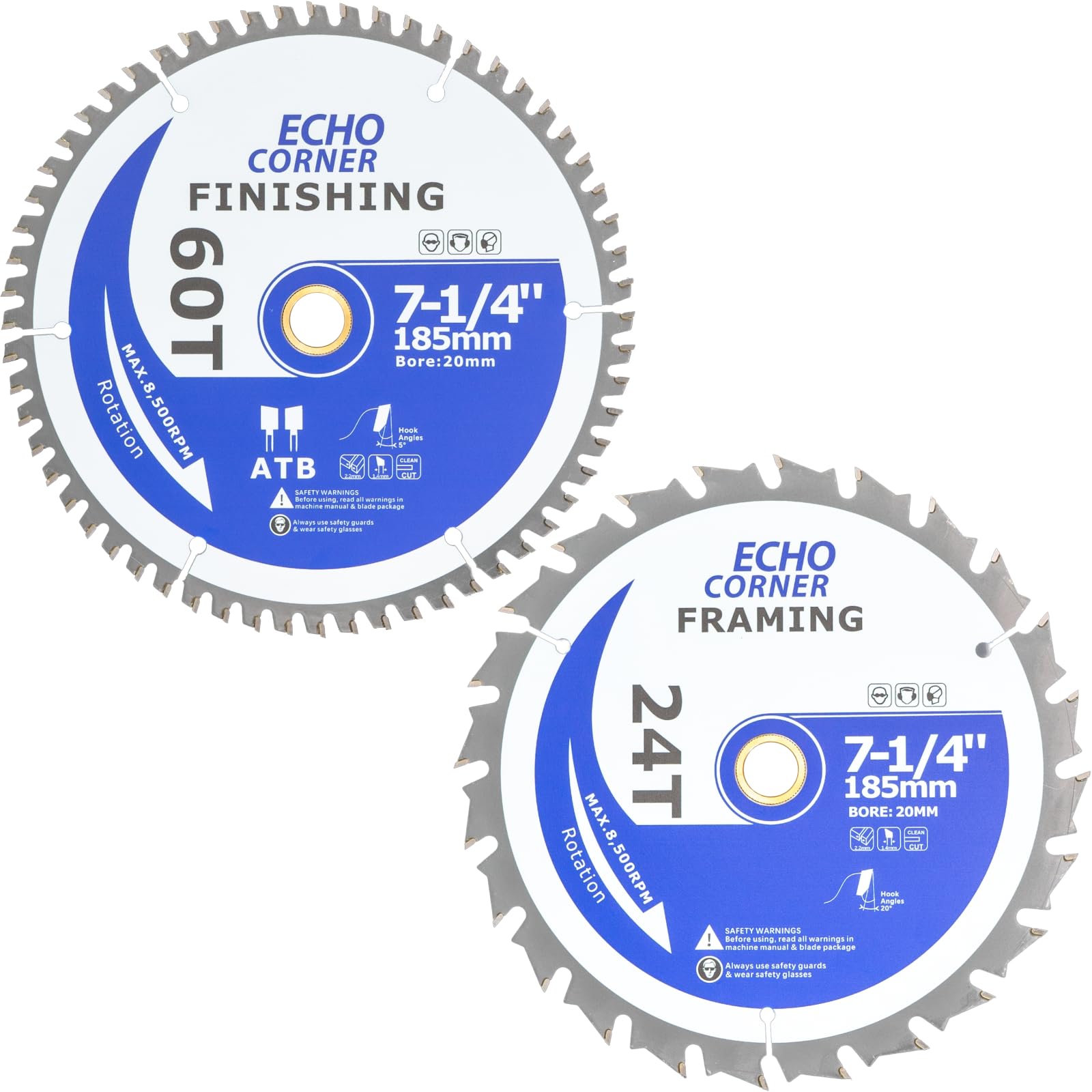 Echo Corner 185mm x 20mm/16mm TCT Circular Saw Blade, 24/60-Tooth, Compatible with Evolution Bosch Makita 185x20 185x16 190x20 190x16 Saws (185mm 24/60-Tooth)