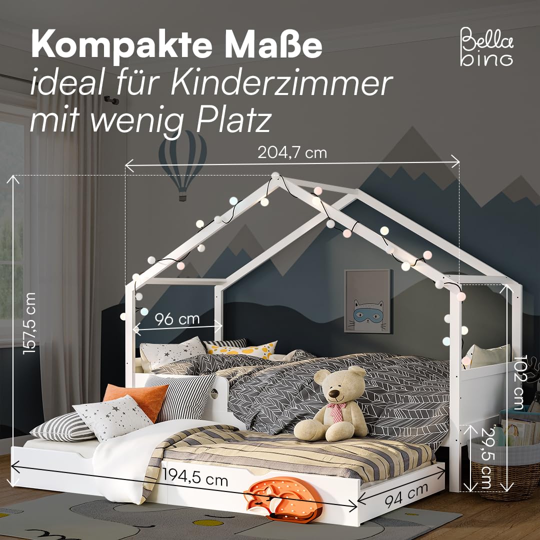 Bellabino Bela Kinderbett 90x200 cm – Hausbett mit Rausfallschutz & Lattenrost – Kinder Bett mit Gästebett für Jungen und Mädchen – Montessori Kinderhausbett aus Kiefer Holz in Weiß