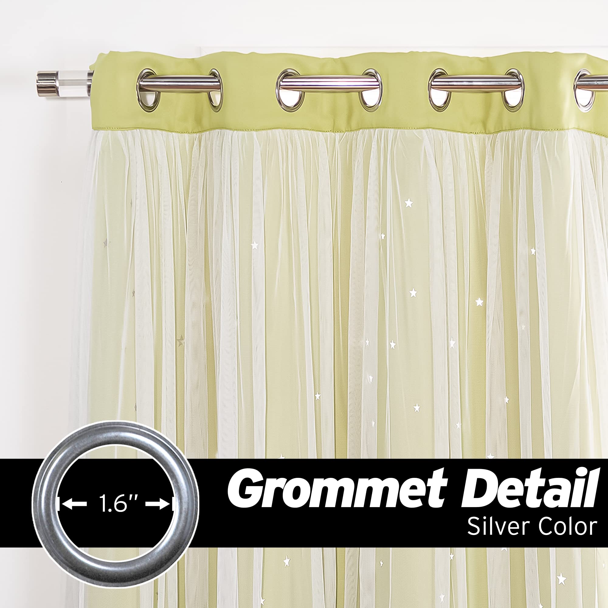 Best Home Fashion Set of 2 Tulle Overlay Star Cut Out Silver Grommet Curtains for Bedroom, Living Room, Kids Room, Sun Blocking Thermal Insulated Blackout Window Curtains (Sage, 52