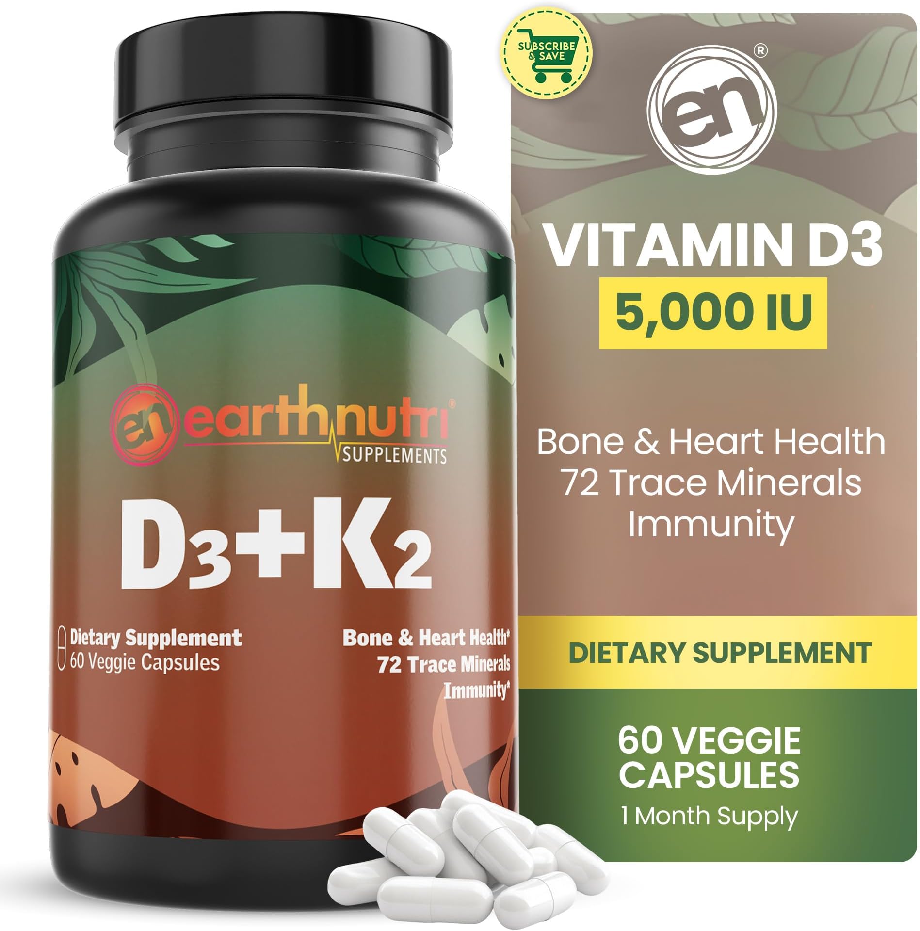 EarthNutri Vitamin D3 K2 Supplement 5000 IU – Includes K2 from MENA Q7, D3 fr...