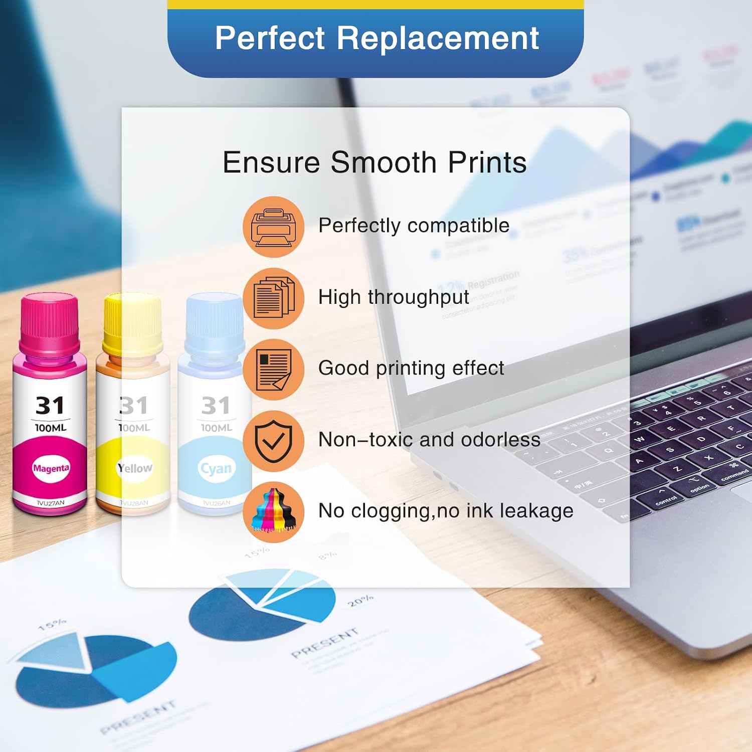 31 Ink Bottles Set Replacement for 31 32XL Ink Refill Bottles Compatible for Smart-Tank 7301 7602 5101 7001 6001 5103 Ink Refill, Smart-Tank Plus 651 551 455 All-in-One Printer 3 Color
