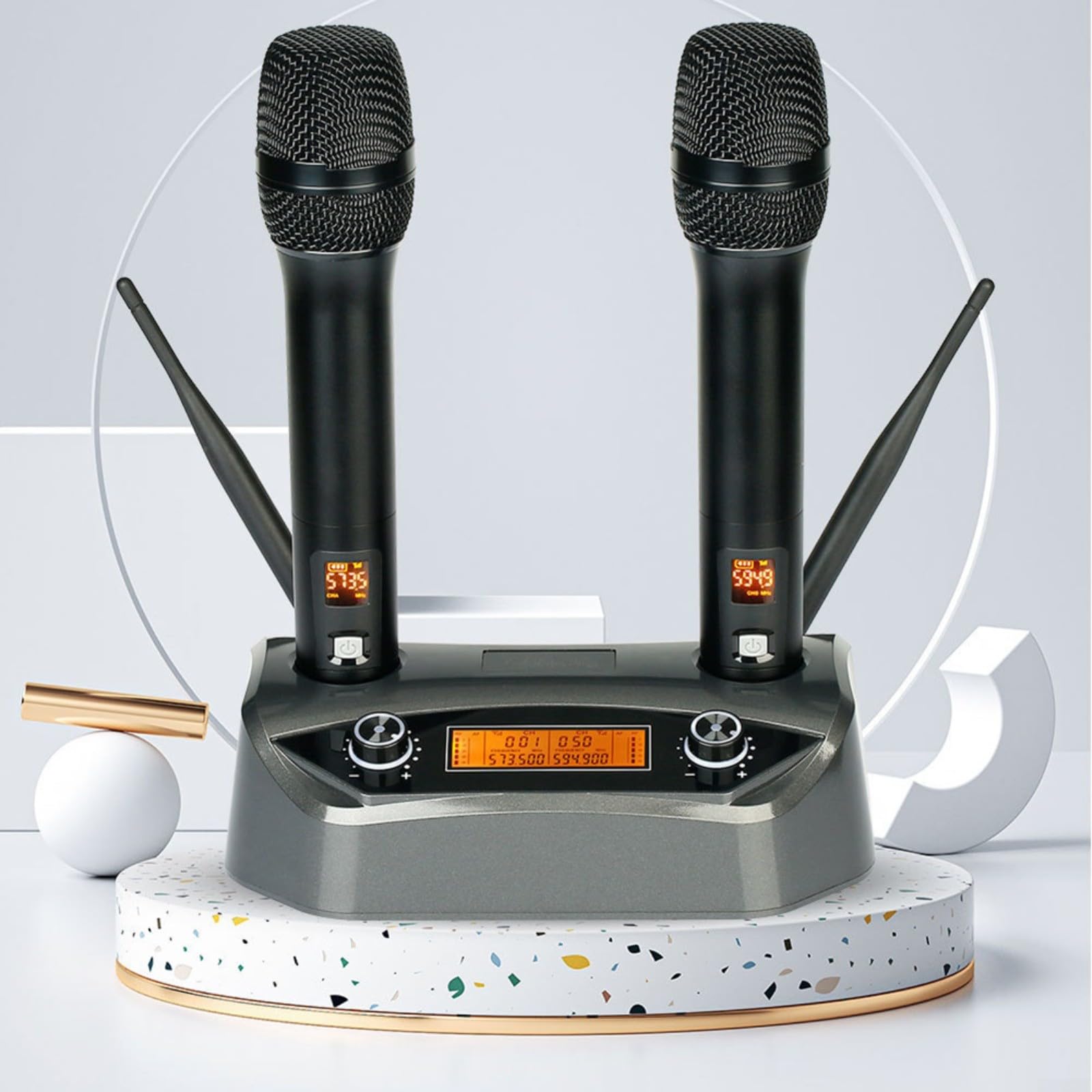 Set di microfoni wireless a doppio palmare, sistema FM con riduzione del rumore anti-ululamento, eventi e interviste in lega di alluminio leggero, nero