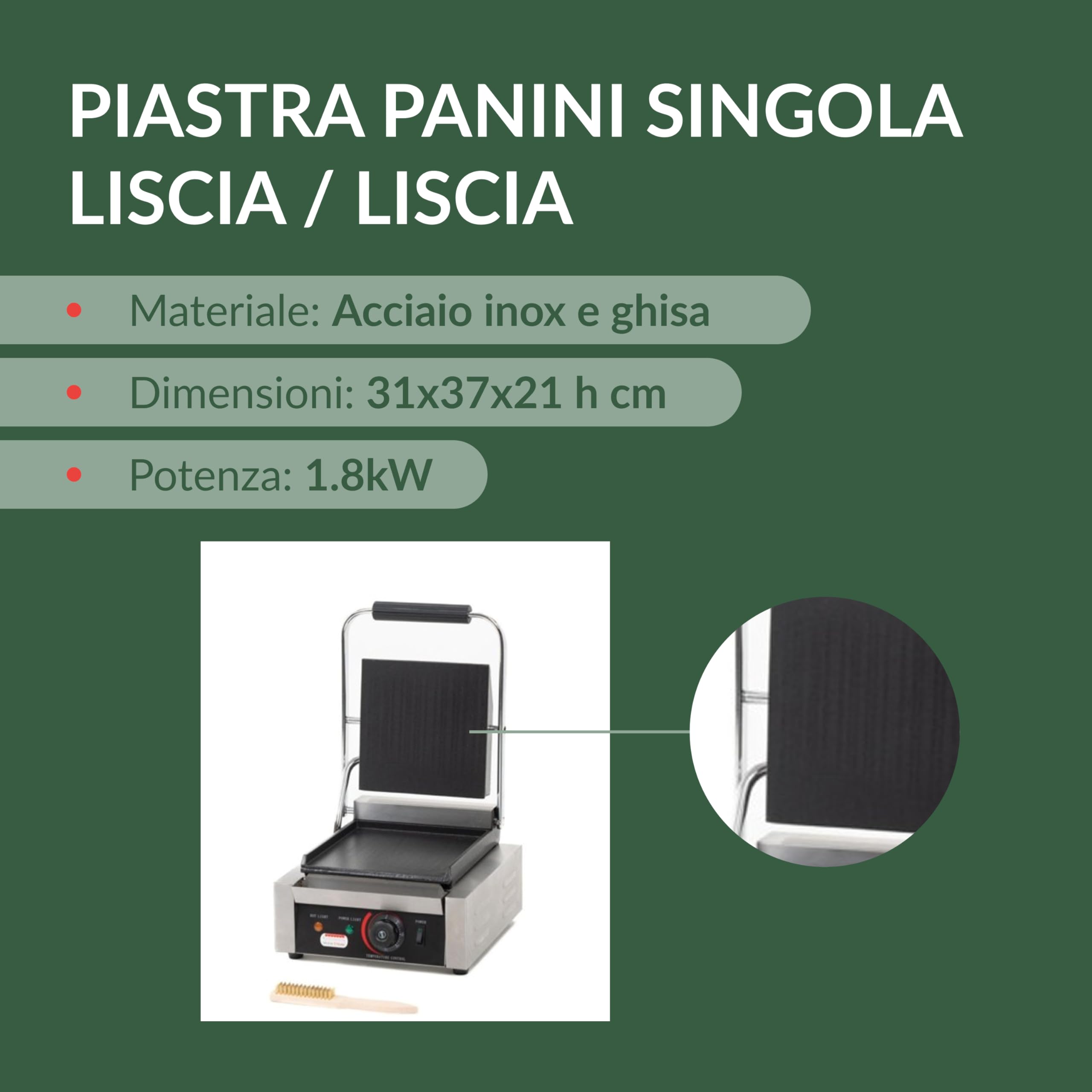 Ristoattrezzature - Piastra Panini Elettrica Singola - Liscia/Liscia - Griglia Professionale per Ristoranti e Bar - 31x37x21 cm - 1.8 kw