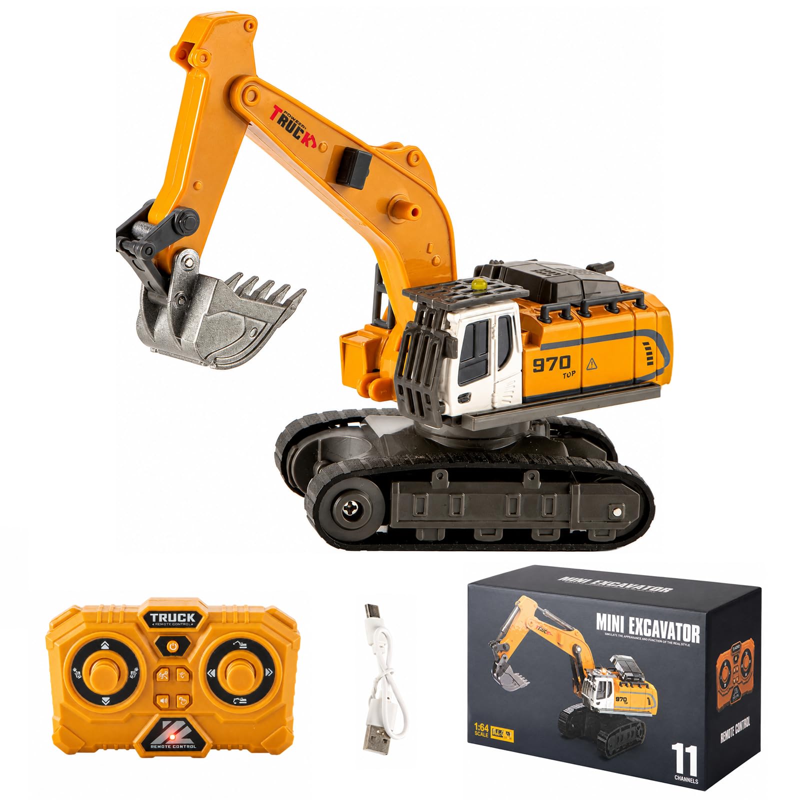 DUKUSEEK 1/64 RC Excavator, Mini RC Construction Vehicles with Metal Shovel, Lights & Type-C Built-in Battery Remote Control Toys Gifts