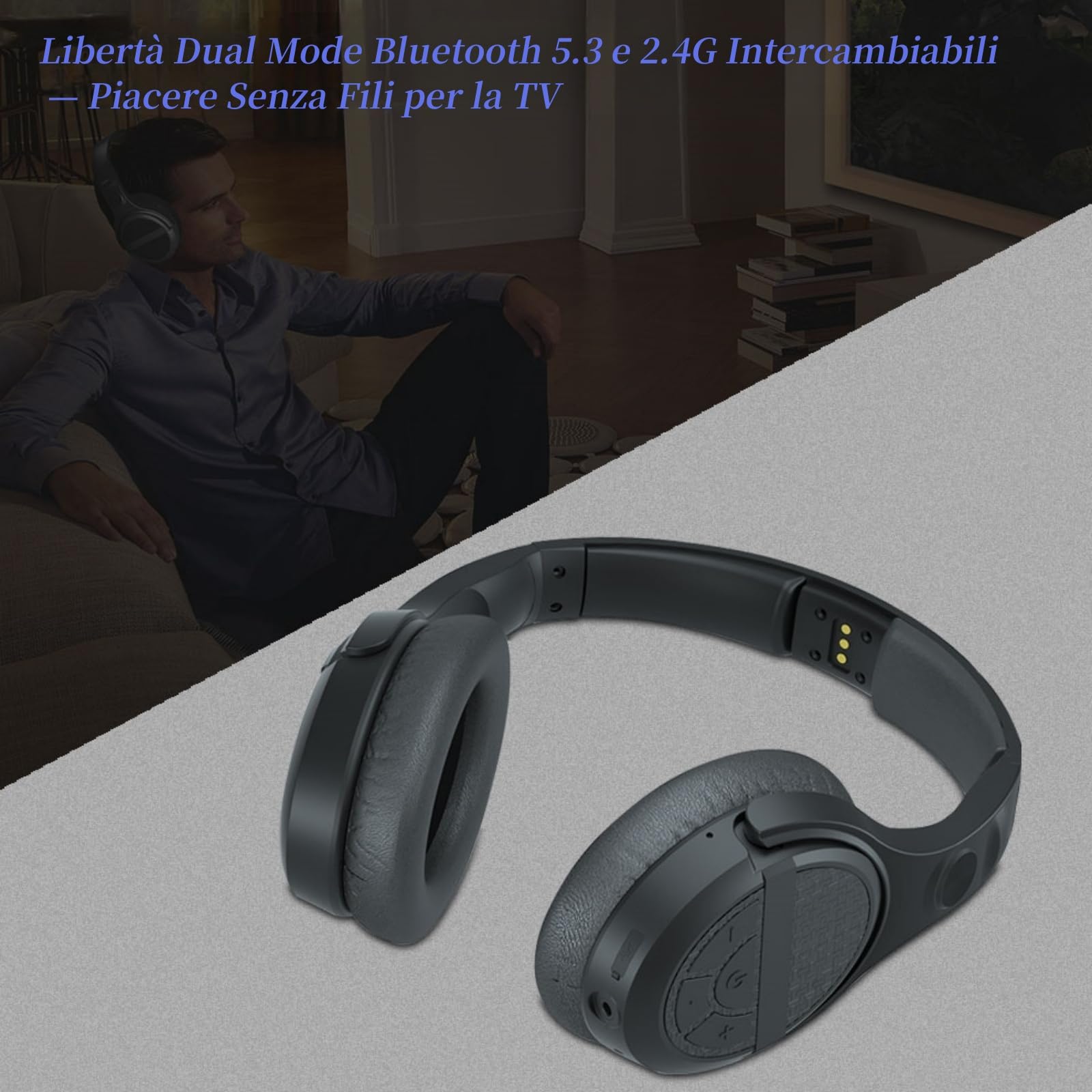 Cuffie TV Wireless per Anziani con Tasti Grandi, 15H Autonomia & 0 Ritardo, Base di Ricarica con Trasmettitore 2.4GHz, Cuffie Bluetooth Over-Ear, Compatibile con TV, Uscita Ottica Digitale/RCA/3.5mm