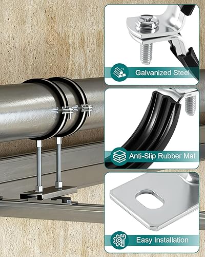 Miniatura 5 de Paquete de 2 abrazaderas de soporte de tubo de 8 pulgadas con almohadilla de goma, soportes industriales de acero galvanizado para sistemas de