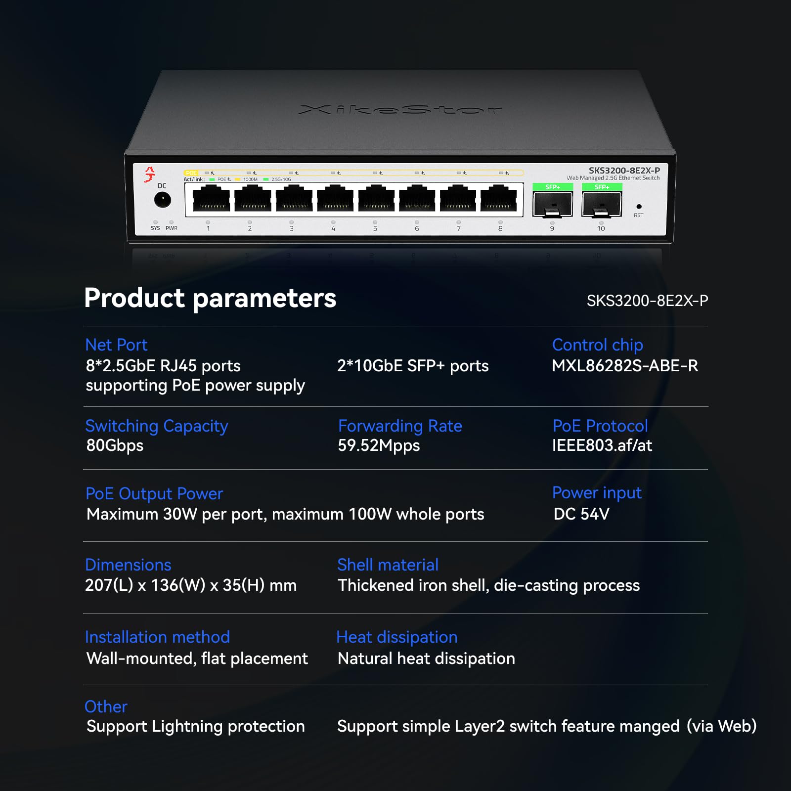 XikeStor Switch PoE Gestito 10 Porte 2.5Gb | 8 Porte 2.5G Base-T PoE+, 2 Porte 10G SFP+ | Metallo, Raffreddamento Passivo | Desktop/Parete | per IP Cam, NAS, AP WiFi 6/7, Ufficio