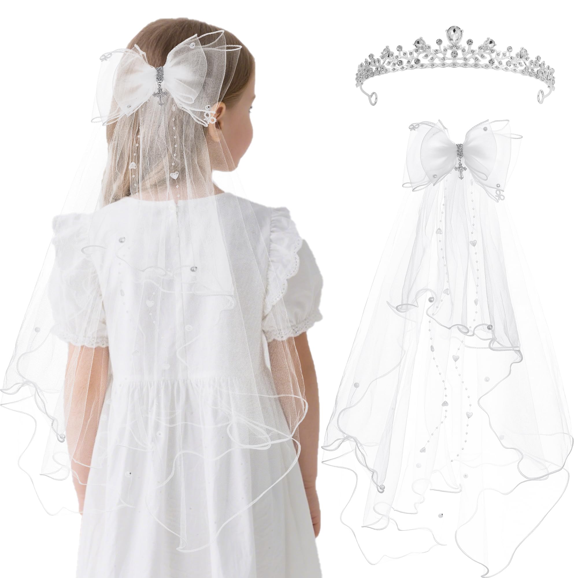 First Communion Veil Headwear Gifts for Girls, White Flower Crown Veil and Headpiece Accessories Set for Dress Up