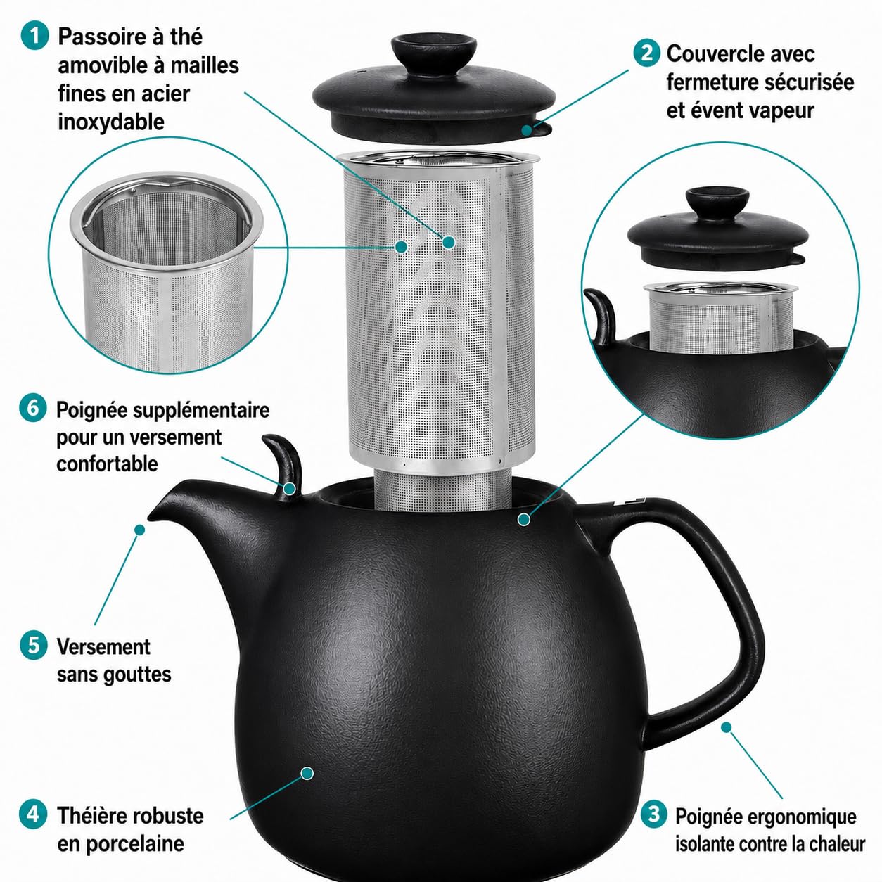 Théière "Copenhague" avec infuseur, 1,6 L, noire, en porcelaine, adaptée pour réchaud avec infuseur amovible en acier inoxydable à mailles fines. Théière en porcelaine.