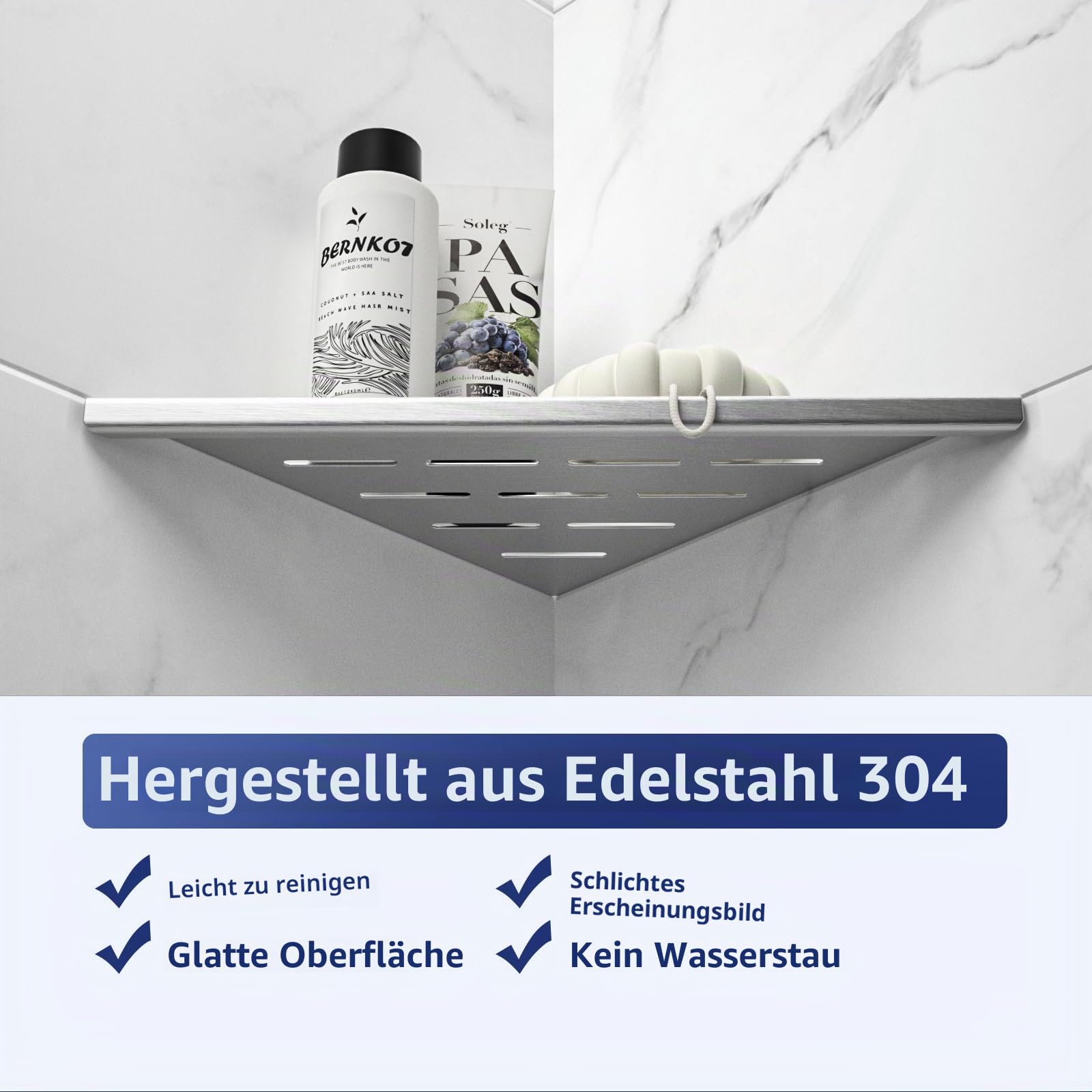 Eck-Duschregal, 25,4 cm, 304 Edelstahl, Fugenmörtel in Regalen für geflieste Wände, versenkte Badezimmerregale, ohne Bohren, 25,4 cm, Silberfarben