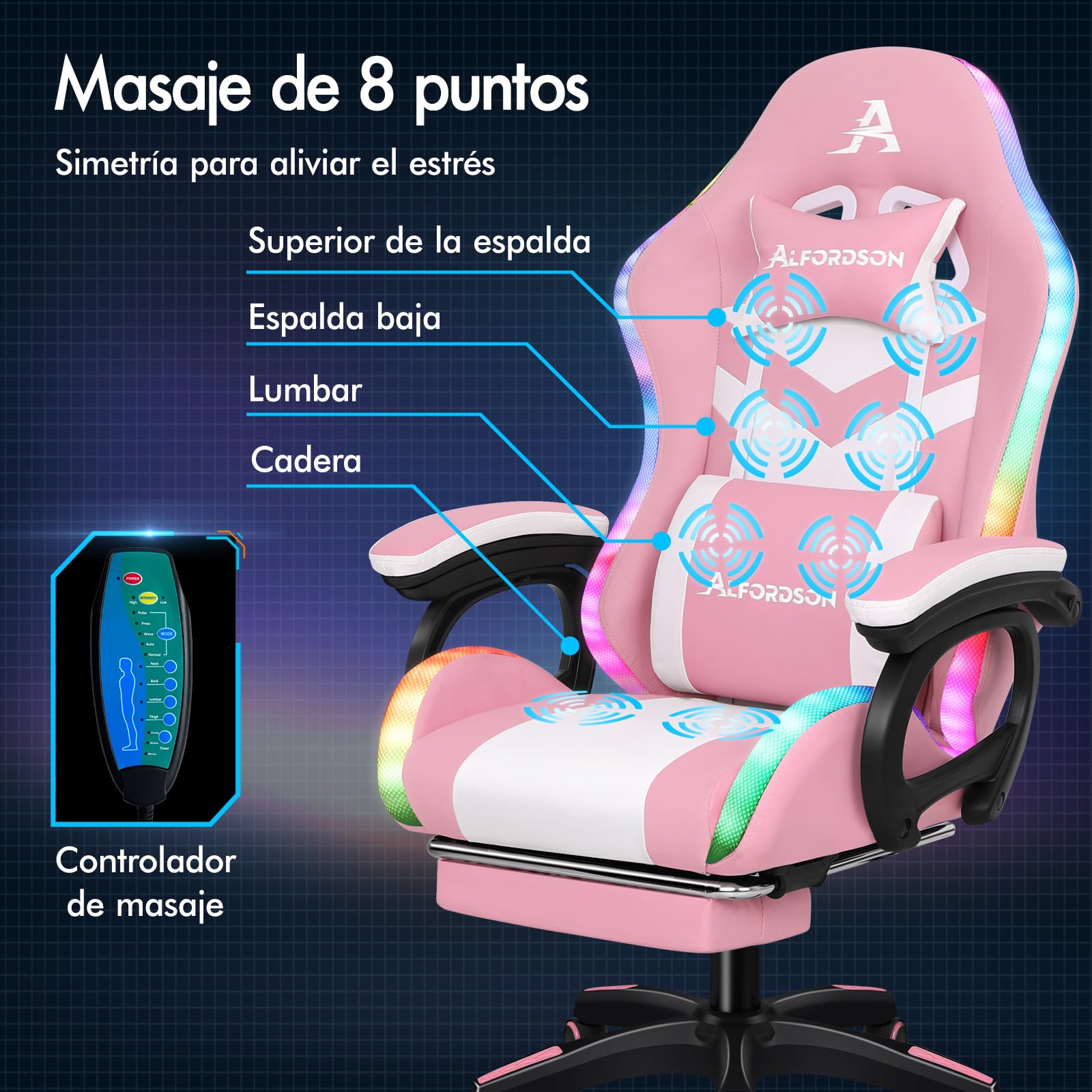 ALFORDSON Silla Gaming con Masaje y LED, Silla Gamer Ergonómica con Cojín Lumbar y Cervical, Reposapiés Telescópico, Iluminación para Ordenador, Videojuego, Juegos, Oficina, Cuero PU(Rosa)