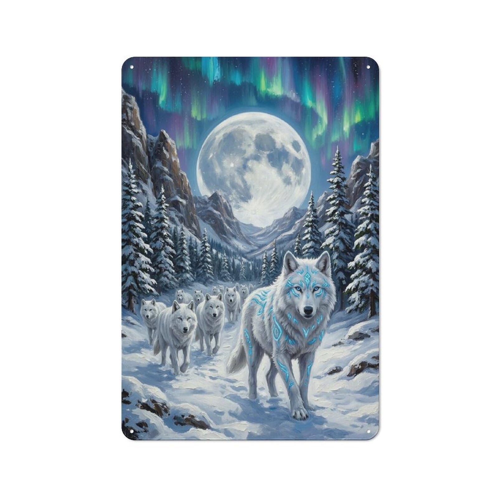 Metal Plaque with White Wolves Under Aurora Borealis Design 30x20cm, Retro Kitchen Wall Decor for Bakery, Diner, Cafe Or Family Room