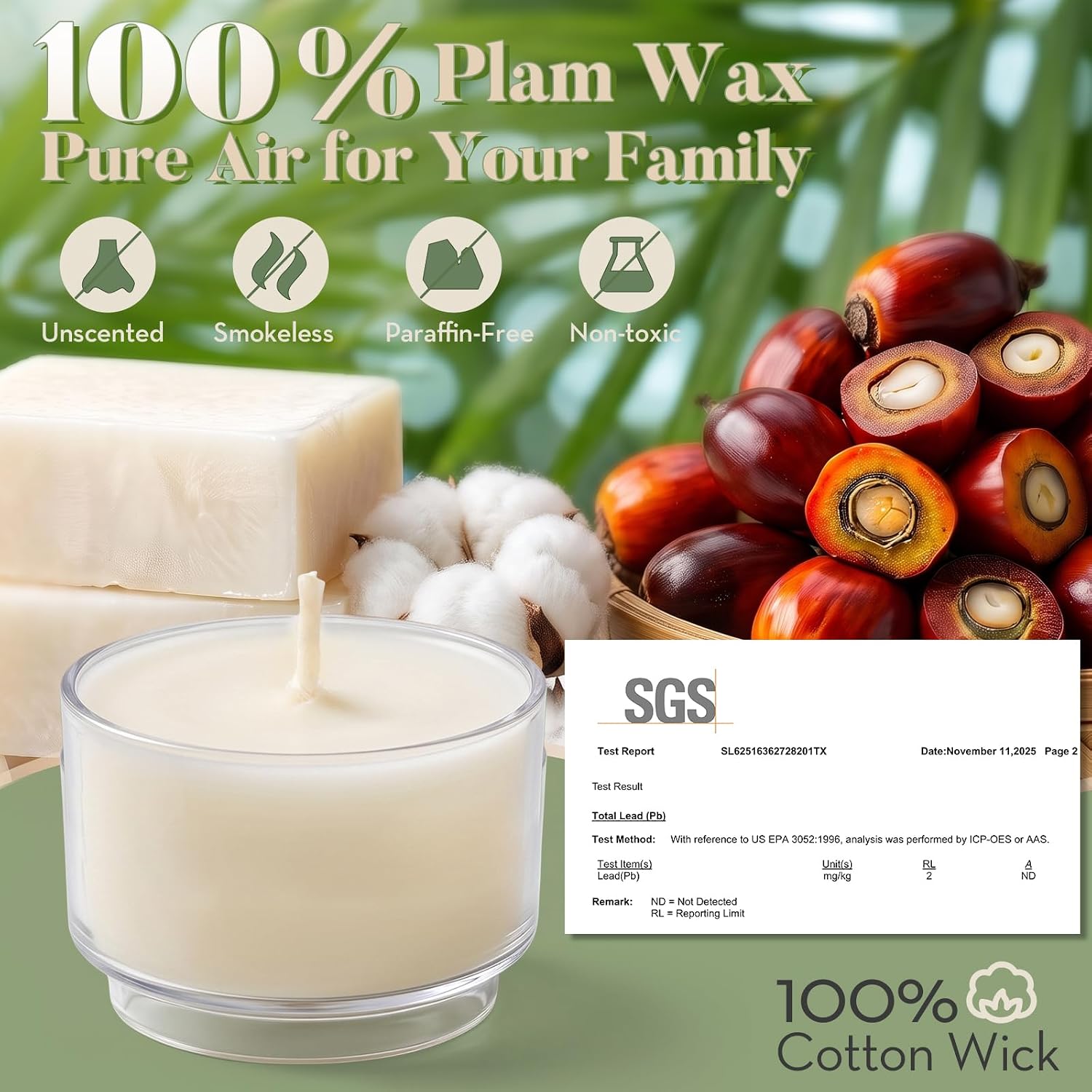 Ashlux Palm Tea Lights Candles 100 Pack, 8H Unscented with Raised Base