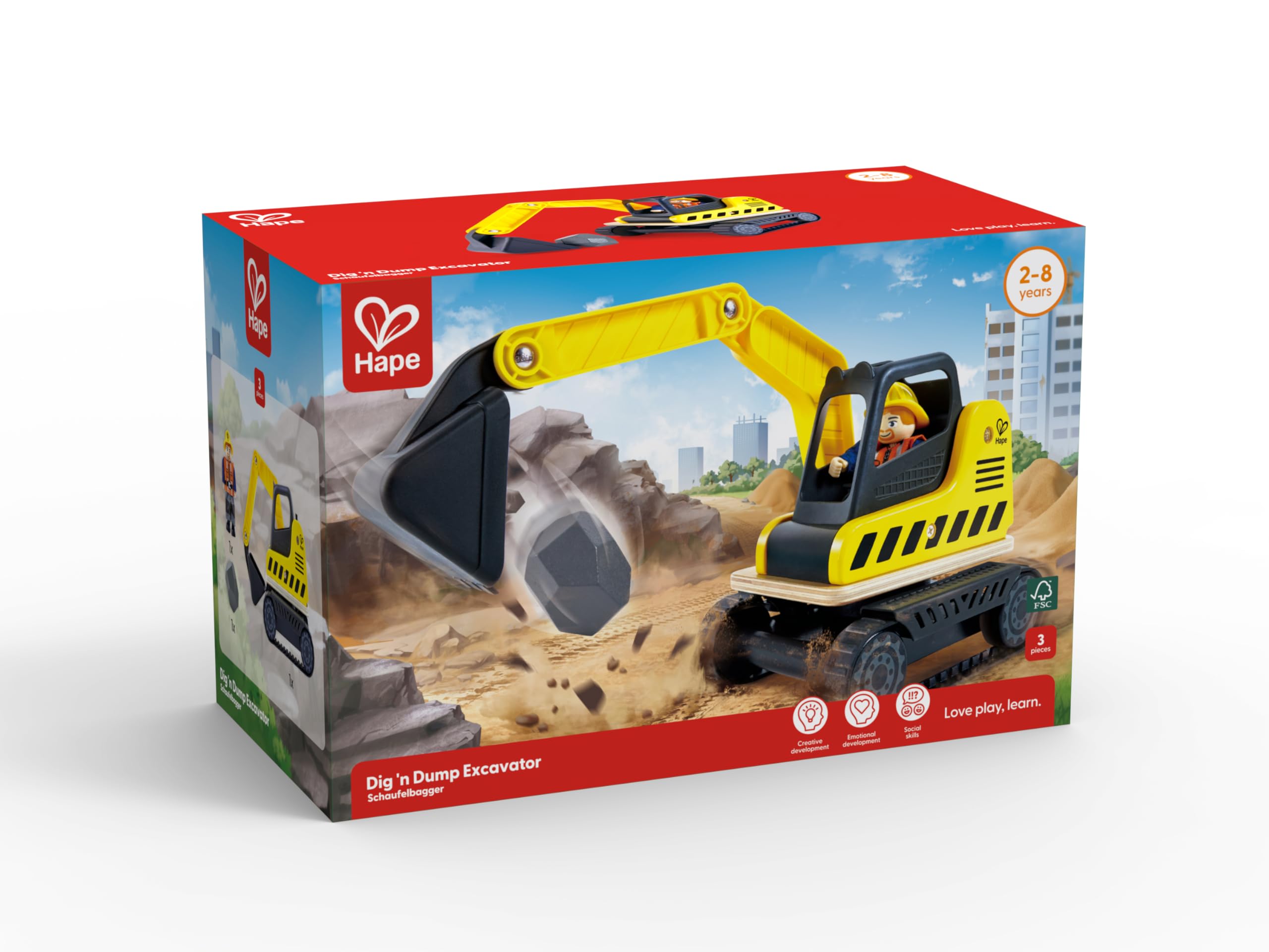 Hape Excavadora para excavar y Recoger | con torreta giratoria de 360°, Pala móvil, Trabajador y Compartimento de Almacenamiento | Vehículo de construcción Educativo para niños