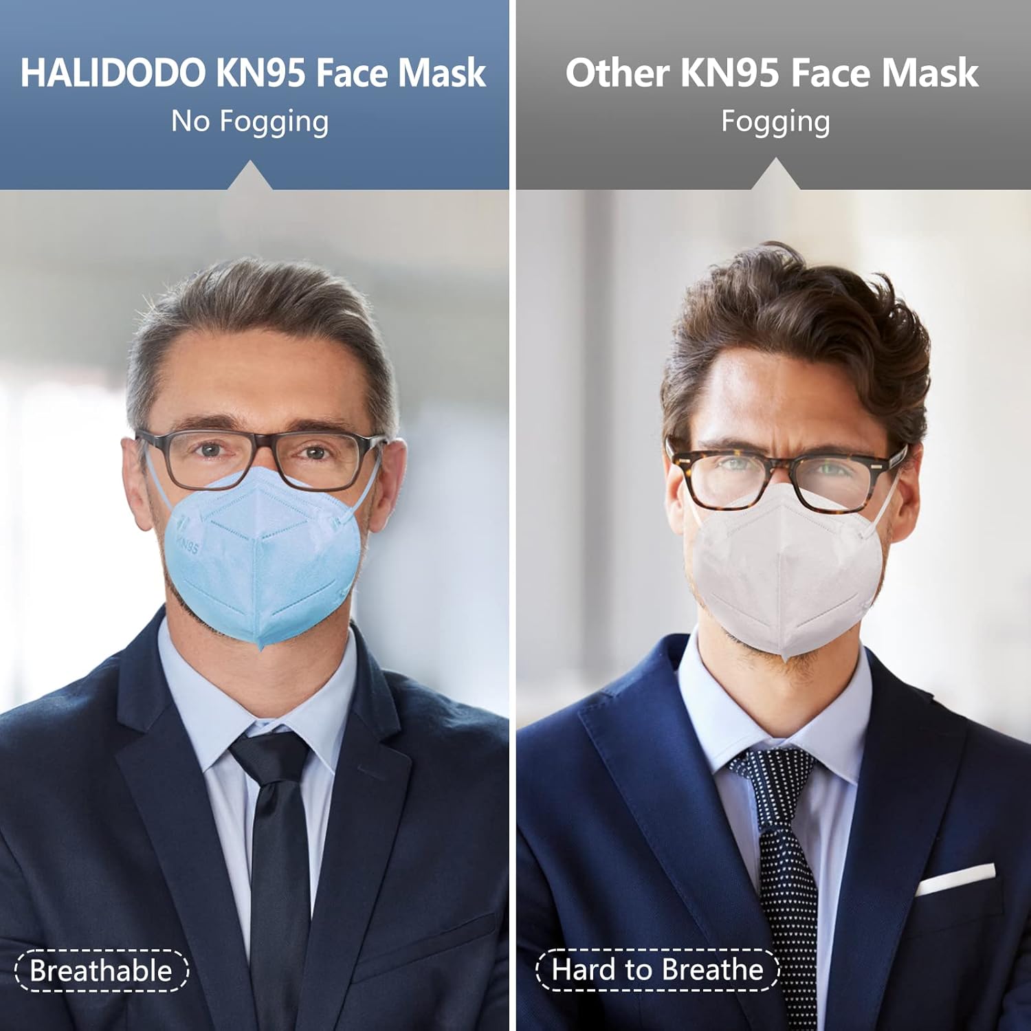 Comparison of HALIDODO KN95 mask preventing glasses fogging versus another mask causing fogging.