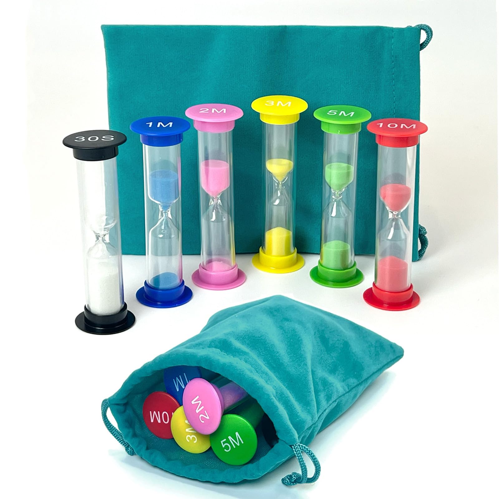 7 Pcs Sand Timer Set, Timers for Classroom, Colorful Hourglass Sand Clocks (30 sec, 1 min, 2 mins, 3 mins, 5 mins, 10 mins) with Organizer Bag, Perfect for Kids' Tooth Brushing, Cooking, Games, School