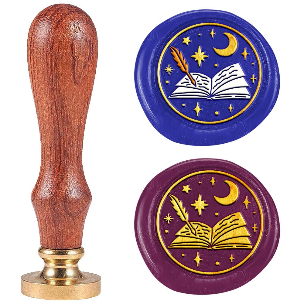 DELORIGIN Dreamy Book Wax Seal Stamp Embossed Stamp Sealing Removable 1" Novelty Brass Wax Seal Stamp Head with Wooden Handle Moon Star Sealing Wax for Wedding Invitations Envelopes Gift Packing Craft