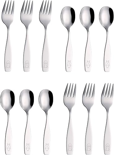 ANNOVA Juego de cubiertos para niños 12 piezas de acero inoxidable 6 tenedores seguros 6 cucharadas para niños utensilios para niños juego de