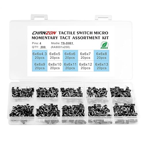 Chanzon Interruptor táctil Botón pulsador micro interruptor momentáneo 0.236x0.236 in 4 pin 200 unids kit surtido pulsador interruptores Breadboard