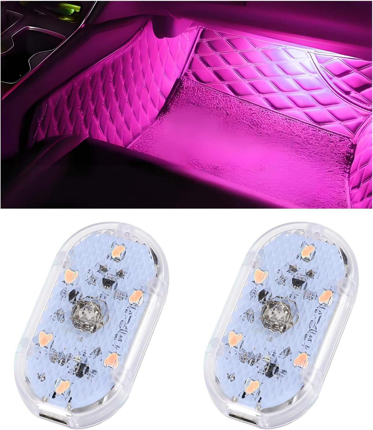 2 PCS Car LED Lights Interior Wireless, Super Bright Auto Interior Ambient Light with 6 Bright LED Lamp Beads, Portable USB Rechargeable Car Led Night Light for Vehicle Decor(Pink)
