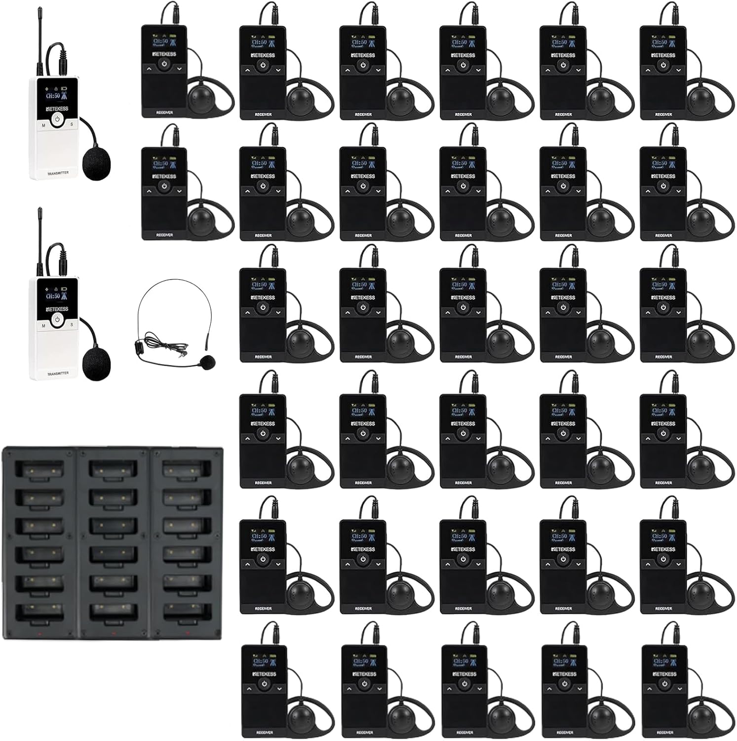 Retekess TT116 Wireless Tour Guide Audio System, 2 Transmitter 32 Receivers, Tour Guide Headsets Over Ear, Noise Reduction, Replaceable Battery, Wireless Audio Transmitter Receiver for Factory