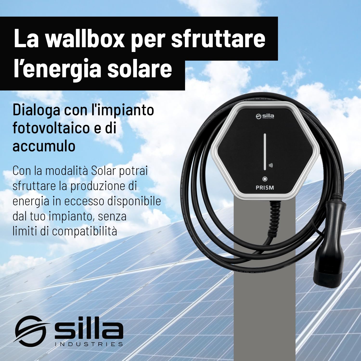 Silla Prism Solar Trifase 22kW Colonnina di Ricarica per Auto Elettriche con Connettore Tipo 2 (Cavo 5m)
