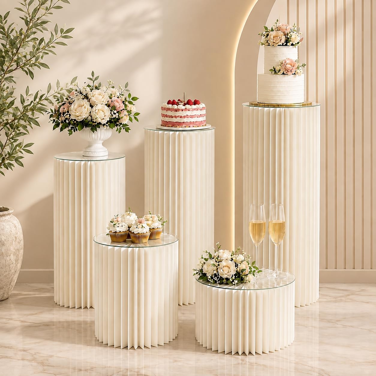 5 Pack White Cylinder Stands for Party, Foldable Cardboard Cylinder Pedestal Stands with Acrylic Plates, 11.8 in Cake Display, Cylinder Tables for Parties, Cilindros para Fiestas Redondos Blancos