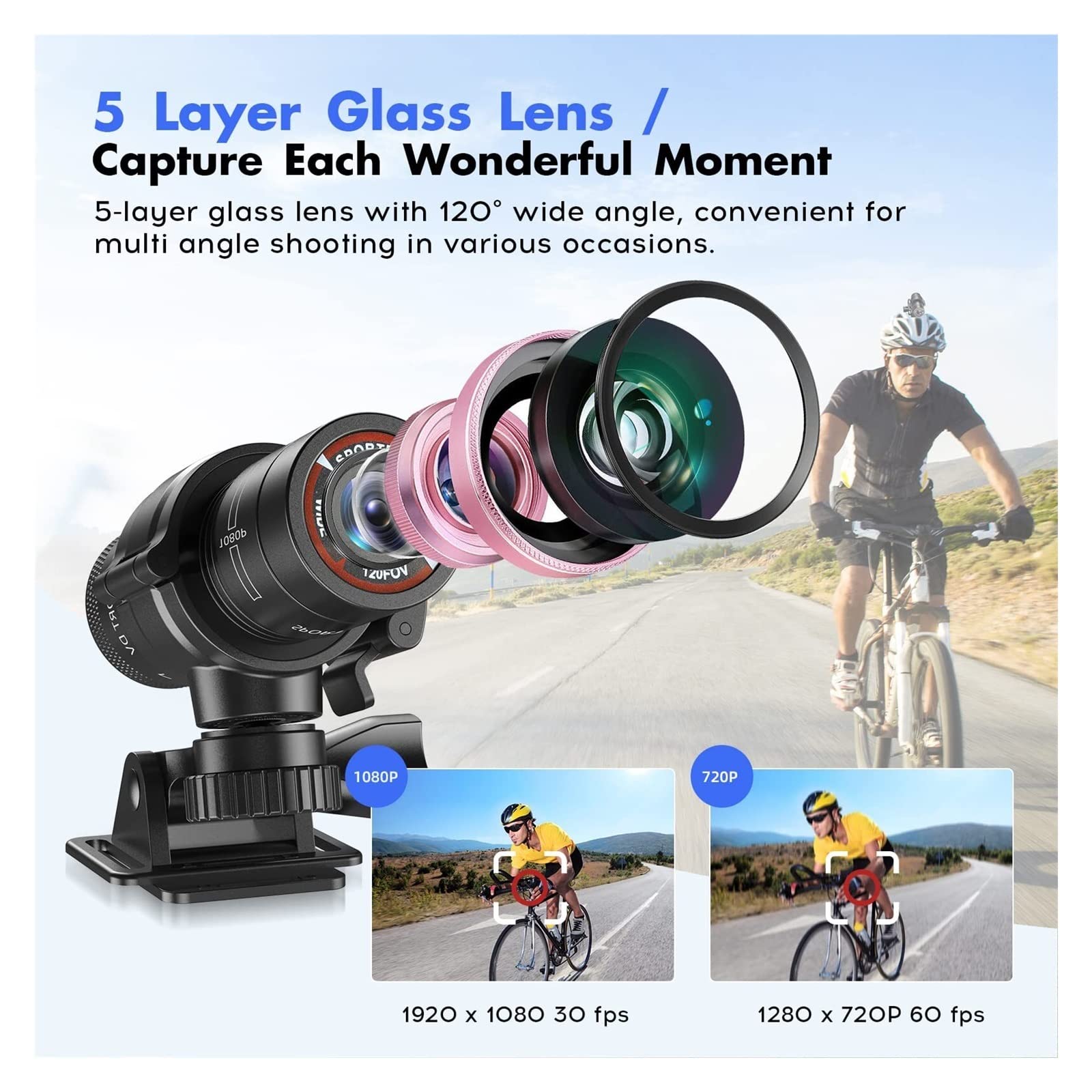 Kamera akcji, F9 kamera akcji HD 1080P rower kask motocyklowy kamera Outdoor Sport DV wideo DVR rejestrator dźwięku kamera na deskę rozdzielczą do roweru samochodowego,Na świeżym powietrzu, Sport, Wi