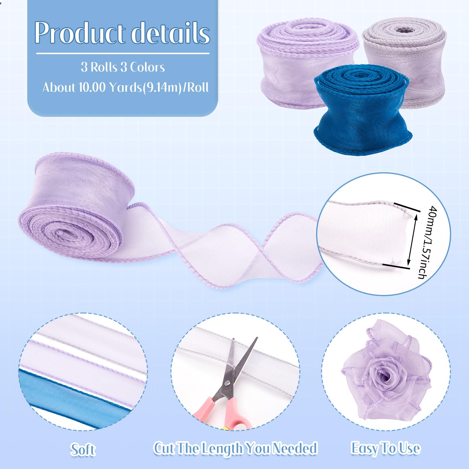 Beadthoven 3 Rolls Polycotton Ribbon 40mm Organza Chiffon Ribbon for DIY Crafts Bowknot Wedding Bouquet Wrapping Wreaths Decoration - Image 3