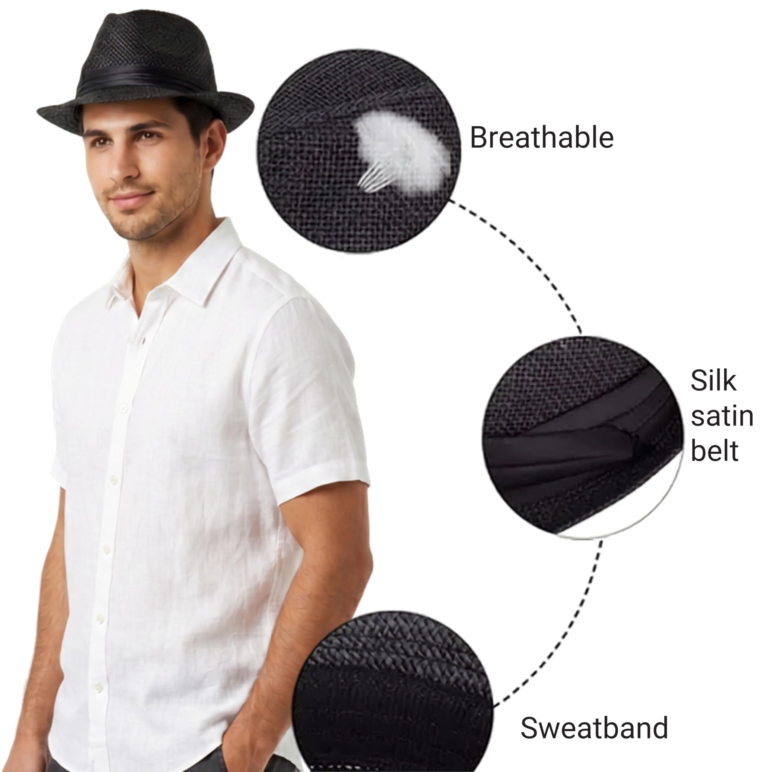 RR DESIGN Unisex Fedora Hat for Men & Women | Breathable Woven Straw-Look Hat with Satin Band | Lightweight Summer Trilby Hat for Travel, Beach, Party, Casual & Formal Wear | Black 3