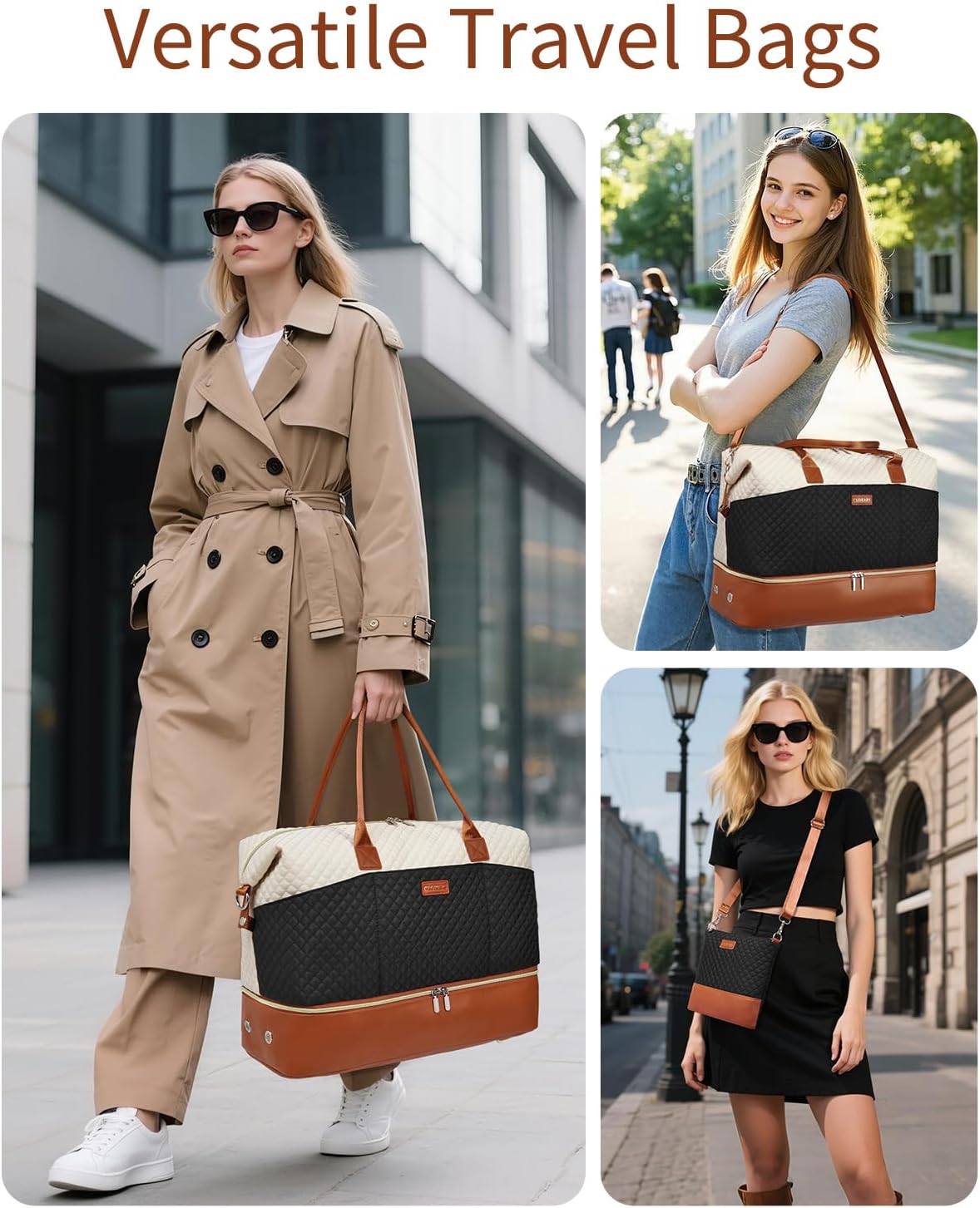 Travel Bag for Women, Weekender Bags Large Carry On Overnight Bag Duffel with Separate Shoes Compartment & Strap, Hospital Bags for Labor and Delivery, Beigeblack Brown