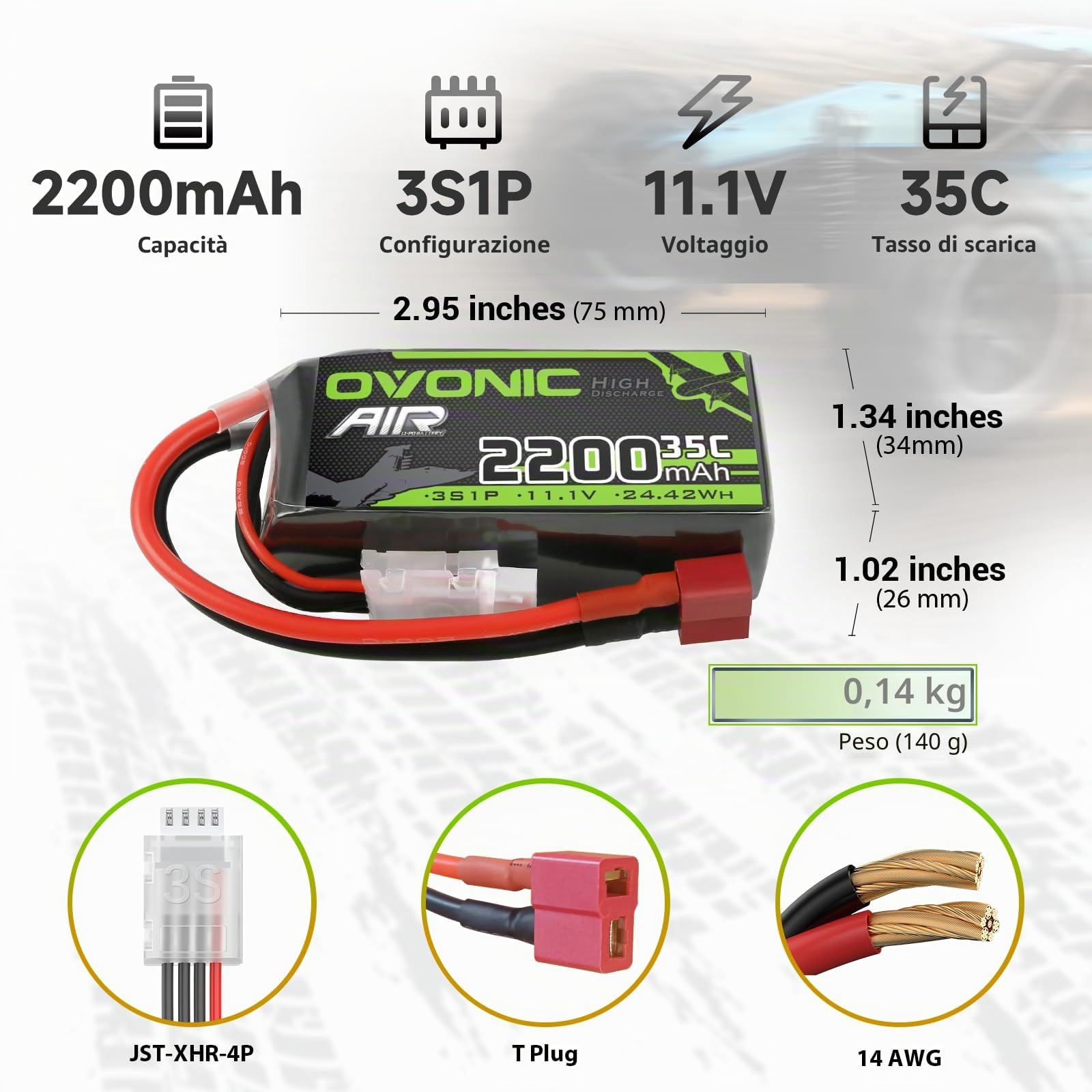 OVONIC Batteria Lipo 3s 35C 2200mAh 11.1V Batteria Short Pack con Deans per RC Heli Aereo Quadcopter RC Auto Multi-Motore Elicottero Fai da Te Hobby (2 pezzi)
