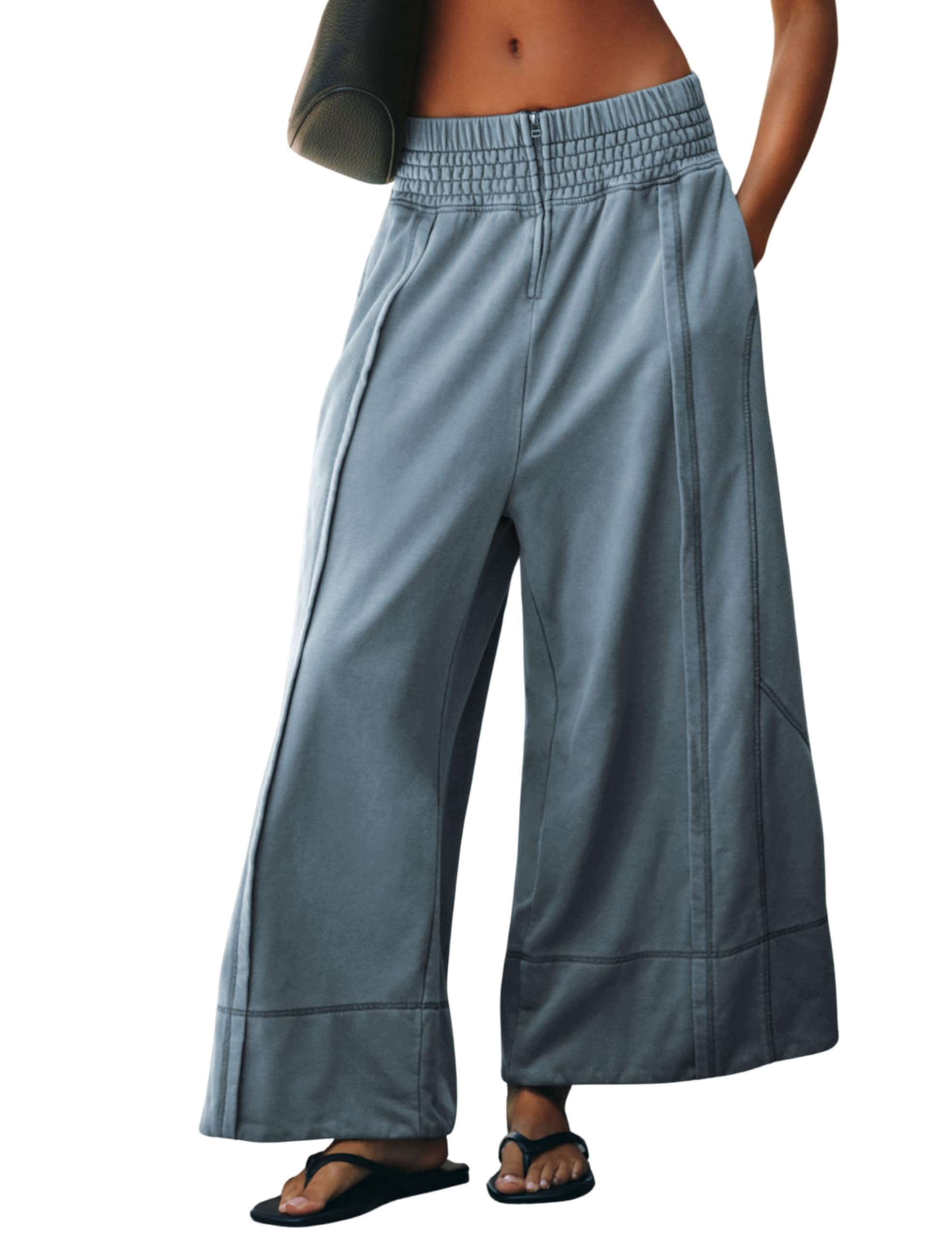 Womens Casual Wide Leg Pants Elastic High Waisted Palazzo Loose Trousers with Pockets