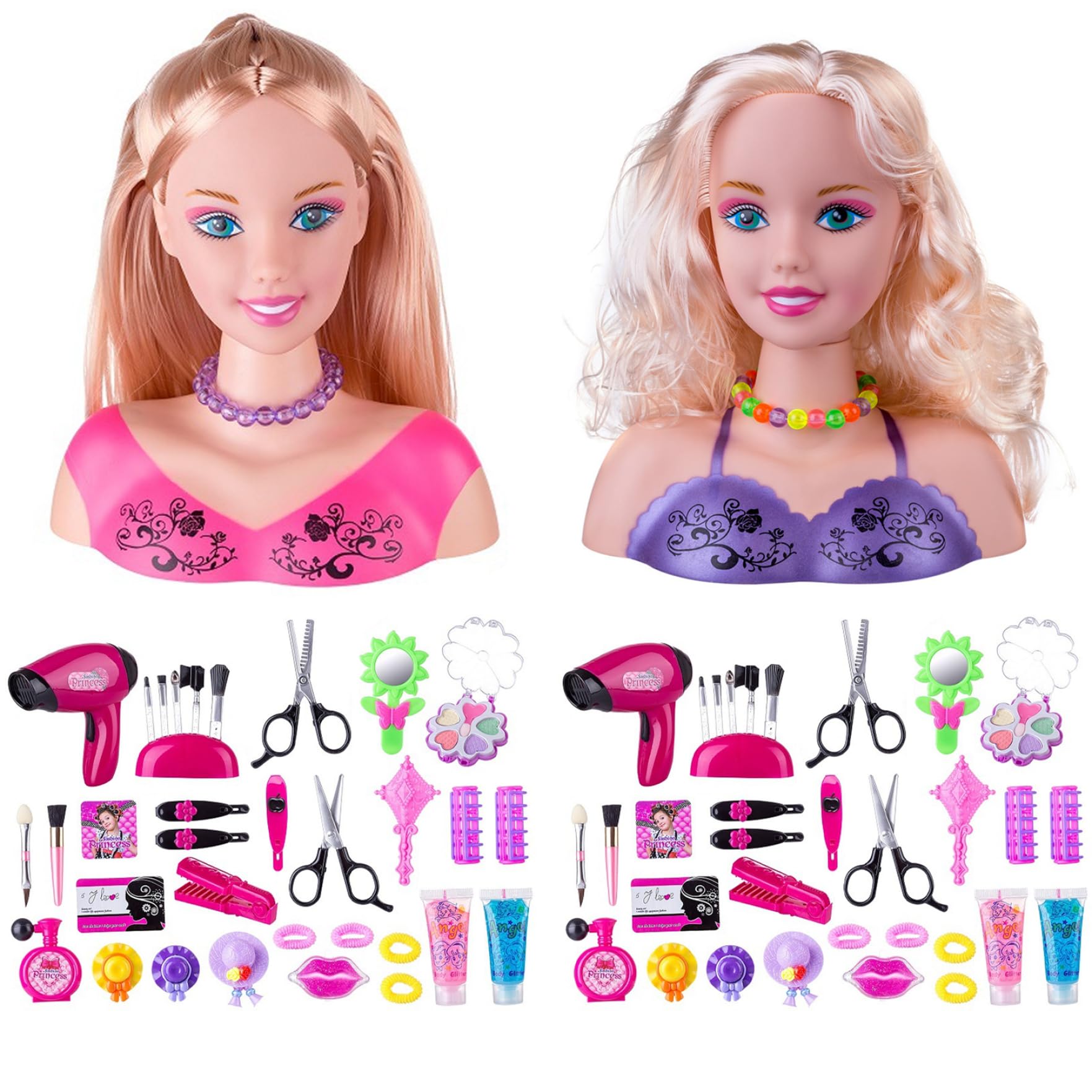 Jorzer Cabeza de muñeca para Peinado, 35 Piezas/Set Simulated Styling Head Doll para niños con secador de Cabello con batería Imaginativo y Maquillaje Aprendizaje Fewend Play Toys for Girls, Style 2.