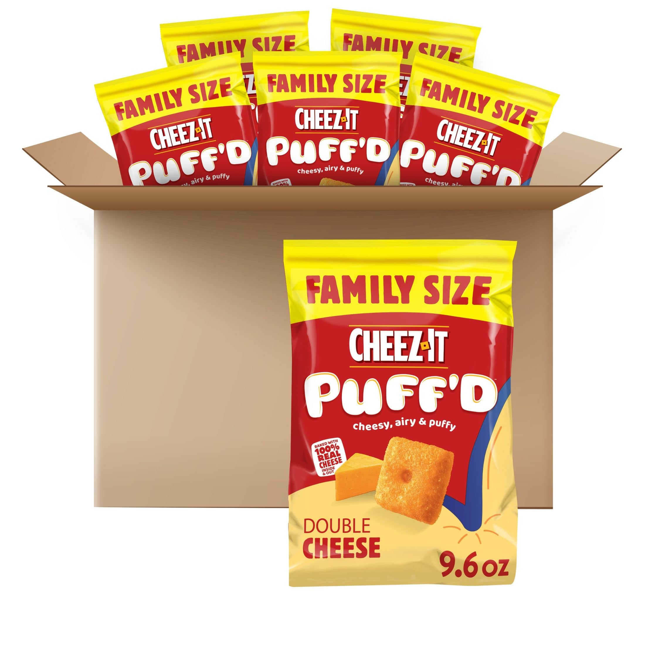Cheez-It Puff'd Cheesy Baked Snacks, Puffed Snack Crackers, Kids Snacks, Double Cheese, 4lb Case (6 Bags)