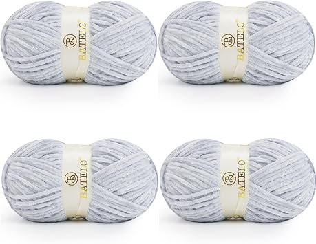 Velvet Chenille Yarn for Crocheting & Knitting 1440 Yards, Soft Thick Fluffy Bulky Blanket Yarn, 4 Pack of 10.5oz Blue Grey