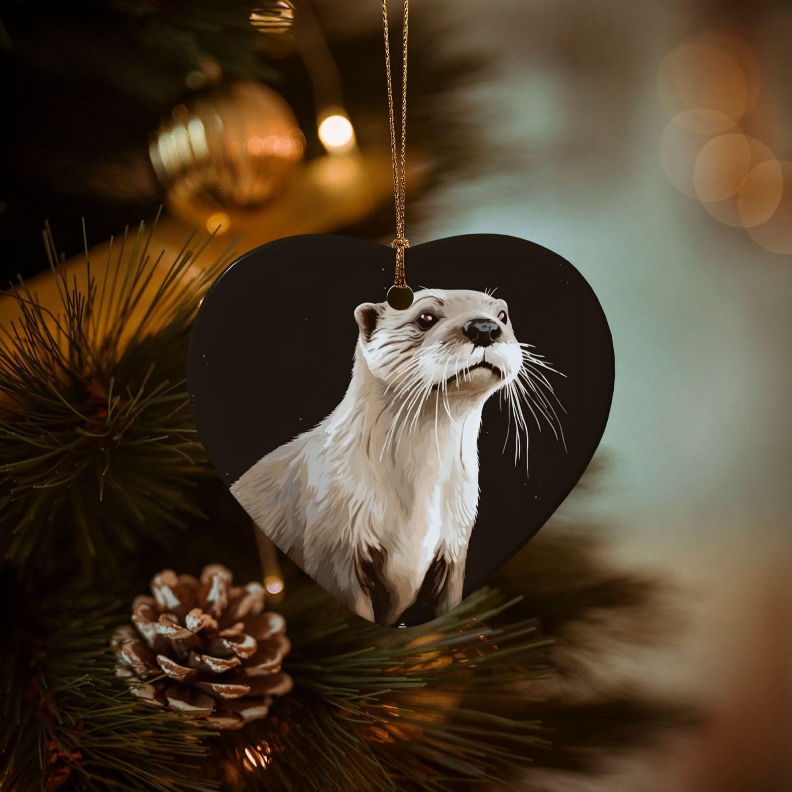 Christmas Ornaments for Christmas Tree Decoration Hanging Otter Ornament with Gold Ribbon Crafts Heart Shape Ceramic Pendant for Keepsake Gifts Xmas Decor Party Supplies