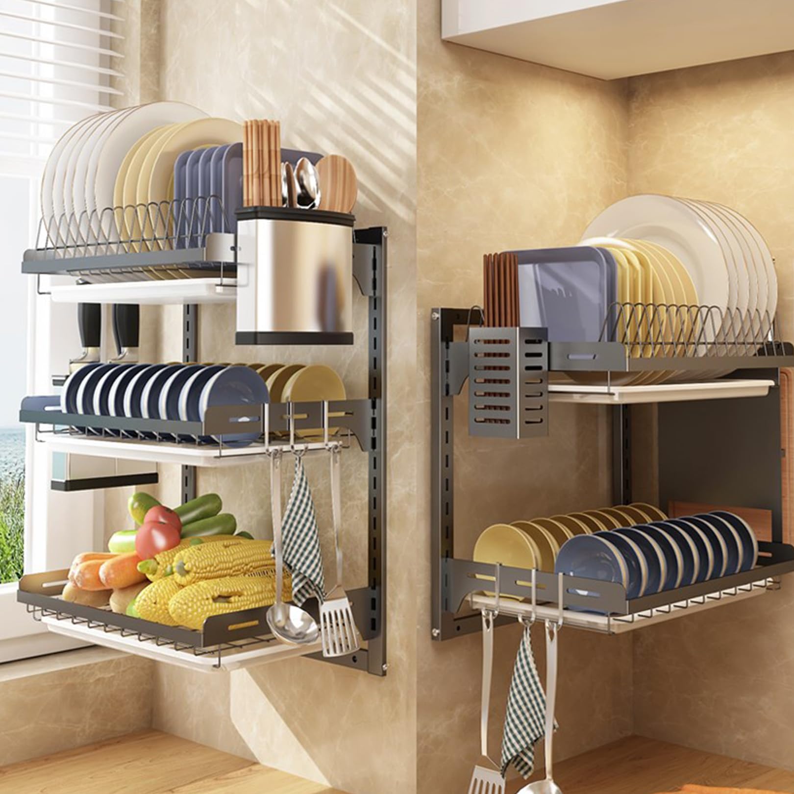 Rack per Asfalto， Scolapiatti con portautensili, scolapiatti con vaschetta raccogligocce, for Piano Cucina o lavello(3)