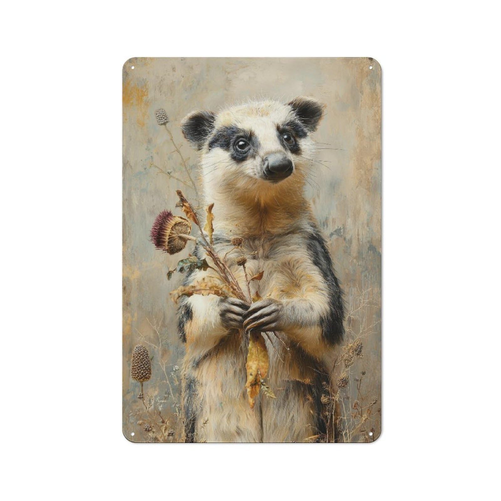 Junmoney Raccoon's Floral Embrace Metal Plaque 30X20cm With For Hallway Wall, Retro Decor, For Wall Display Collectors