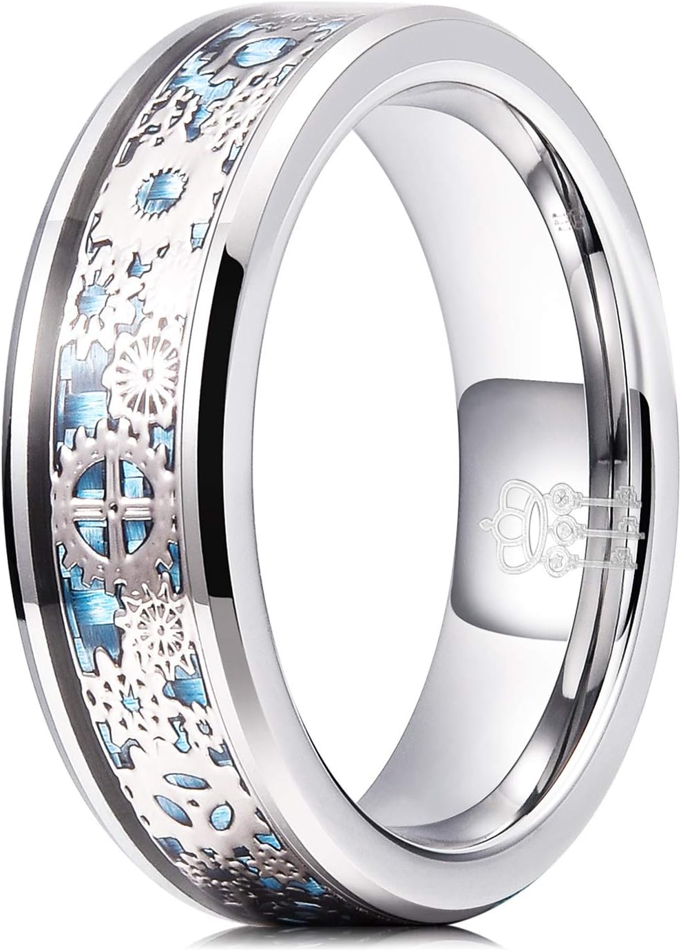 THREE KEYS JEWELRY Gear Tungsten Carbide Mens Wedding Band Ring Polish for Men Punk Mechanical Foil Stone Meteorite Inlay Engrave Engagement Blue Silver size 11