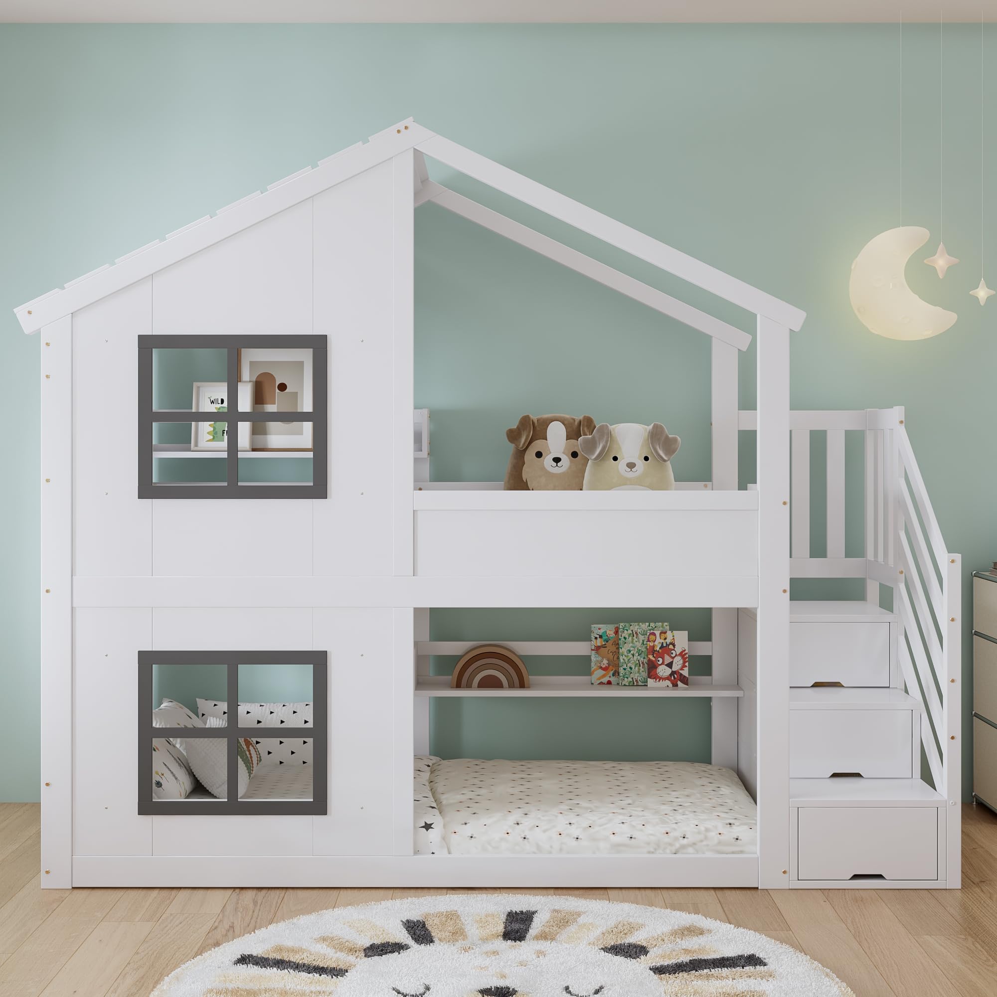 Gecheer Letto a Castello per Bambini, con Finestra e baldacchino, Contenitore a Tre Livelli, 90x200 cm, Pino + MDF + Compensato, Bianco e Grigio for cameretta Bambini