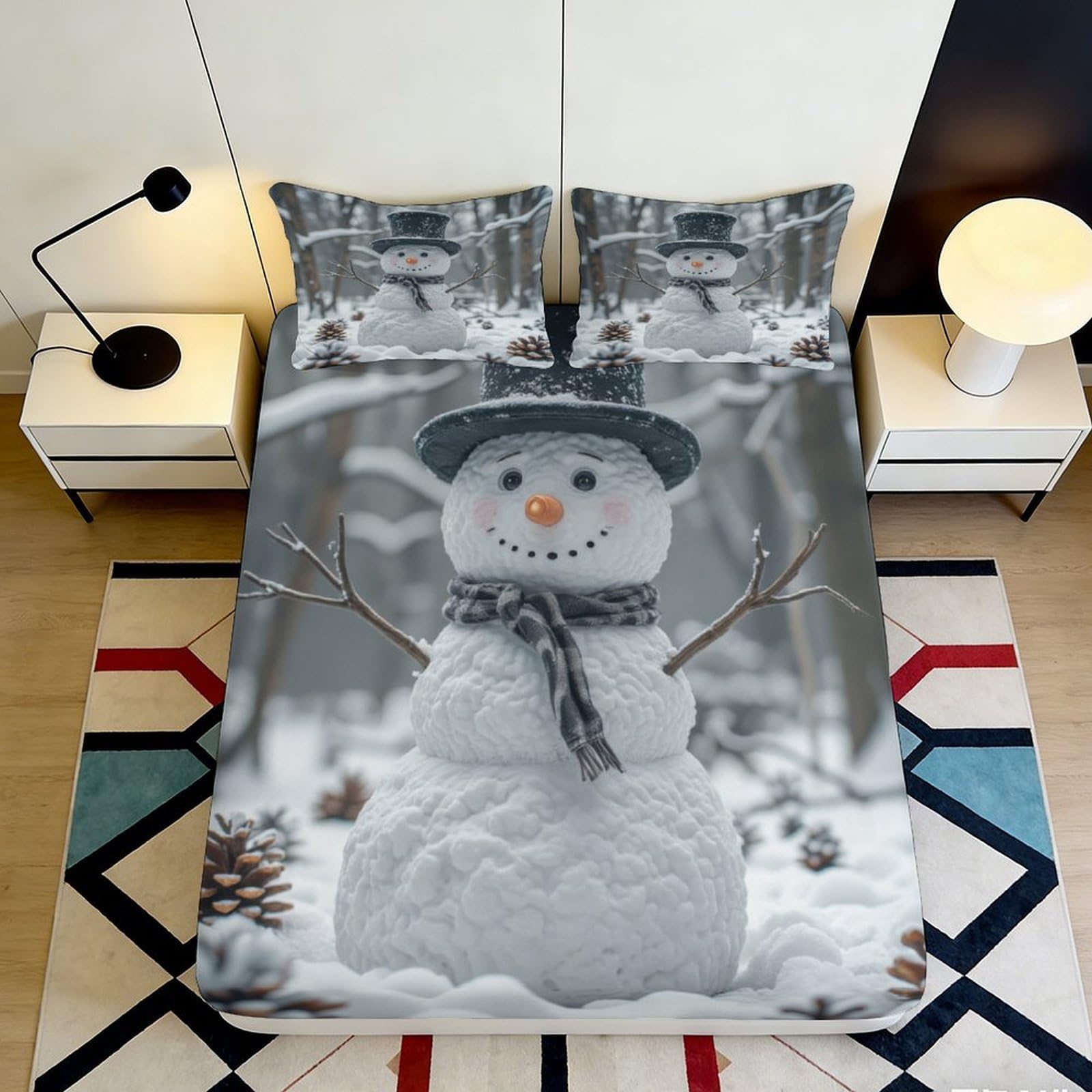 3D Printed Snowman Winter Forest Fitted Sheet Microfiber Soft Slip-Resistant Bed Cover for Bedroom Guest Room Mattress Protection 180x200x25cm