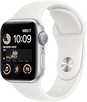 Apple Watch SE (2nd Gen) (GPS 40mm) Silver Aluminum Case with White Sport Band.