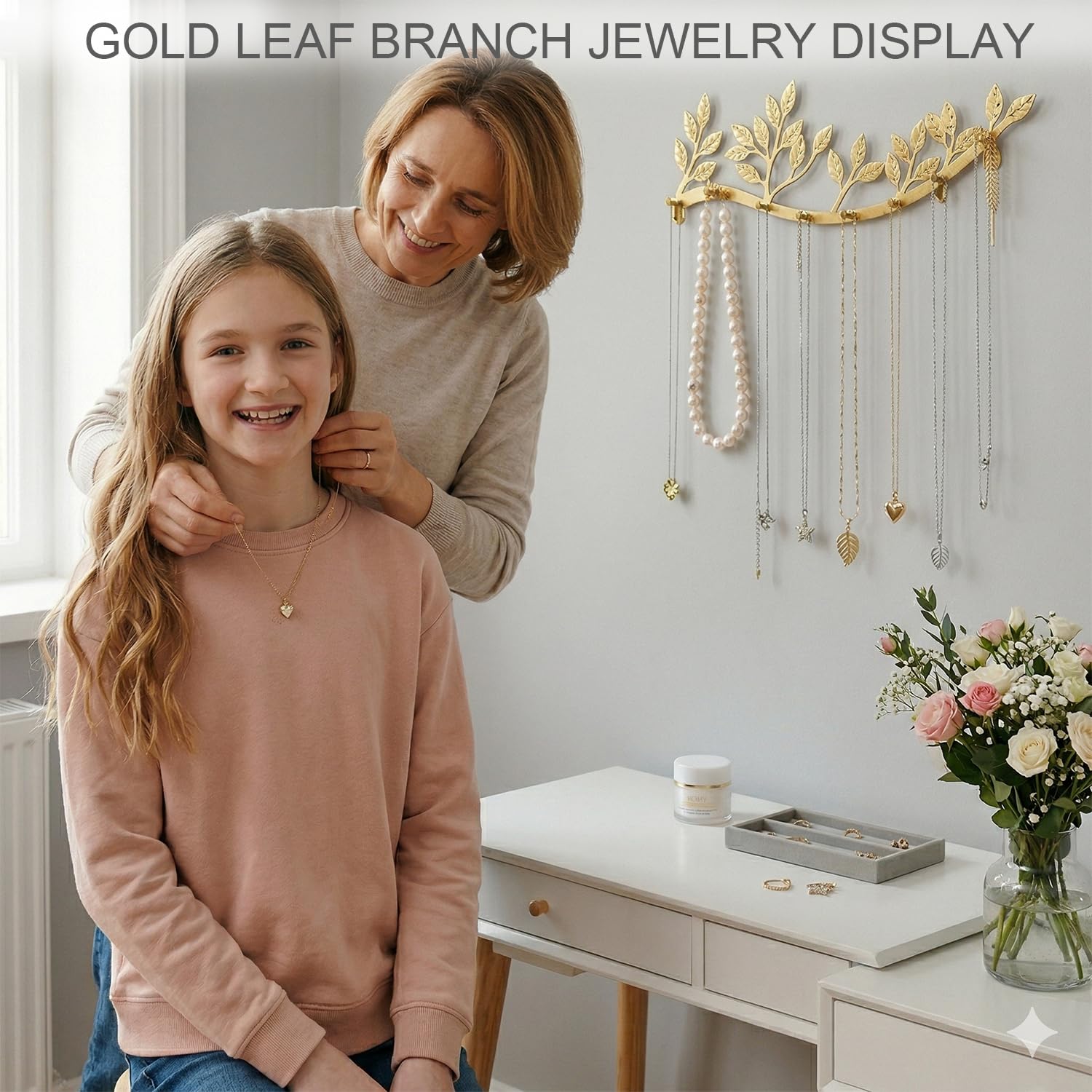 Organizador de collar de joyería montado en la pared con 8 ganchos y 43 agujeros, aretes perfectamente colgantes, pulsera y llaves, decoración de pared de rama de árbol de metal dorado rústico