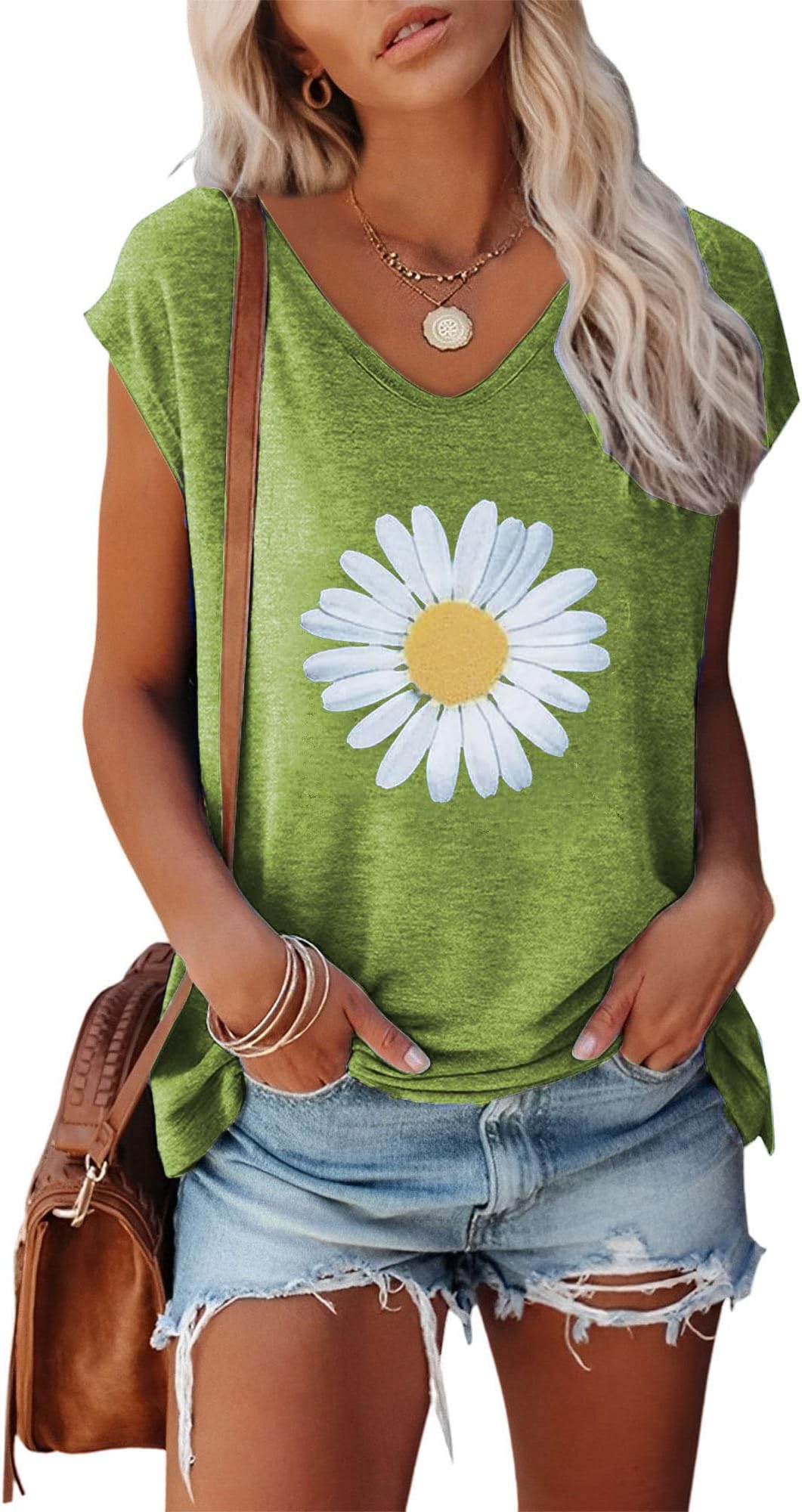 Anbech Cap Sleeve Tops Women Graphic V Neck Shirt Solid Print Casual T-Shirts
