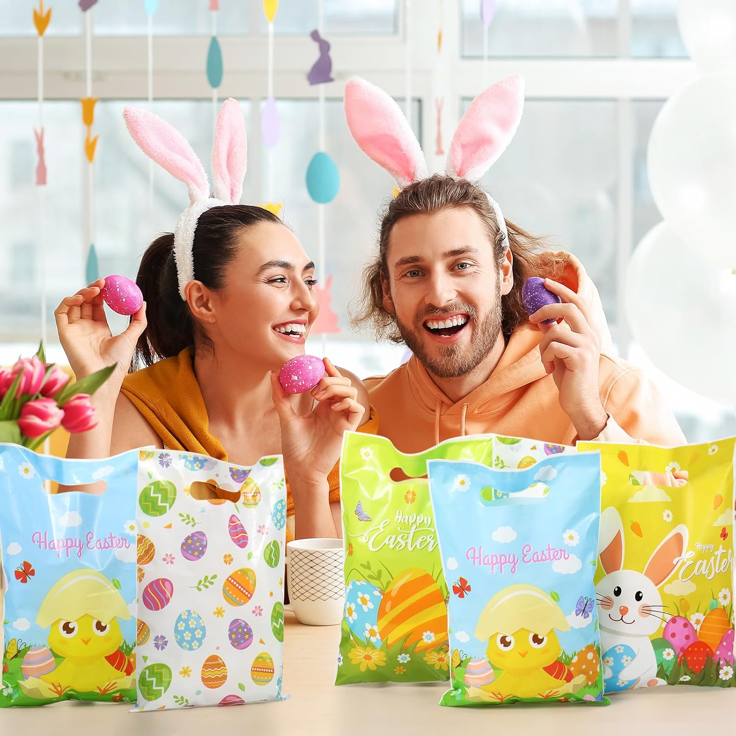 Wesnoy 48 Pcs Happy Easter Gift Bags Easter Plastic Bags with Handle Bunny Plastic Gift Pouches for Religious Spring Egg Hunt Birthday Party Supplies Decoration (funny, 6.7 x 9.8 Inch) - Image 6
