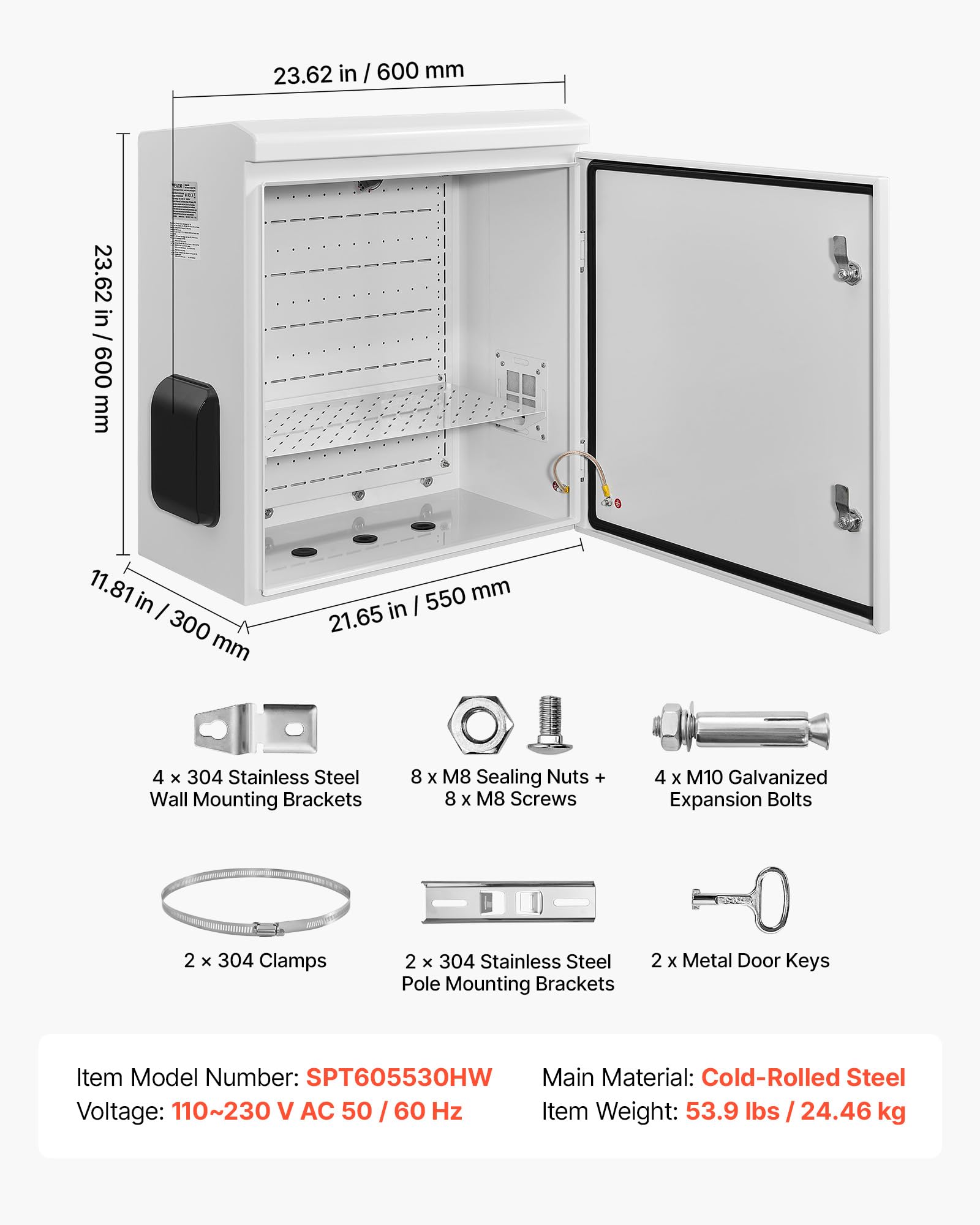 VEVOR Caja eléctrica impermeable IP65, caja de control de acero laminado en frío con termostato, ventilador y cubierta de lluvia, caja de conexiones con cerradura armario de control exterior 60 x 30 x